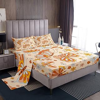 Retro 70S 60S Floral Hippie Bed Sheets Twin For Kids Girls Cute Groovy Butterfly Flower Bedding Set Boho Natural Flowers Sheet Set Rainbow Garden Botanical Fitted Sheet + Flat Sheet + 1 Pillow Case