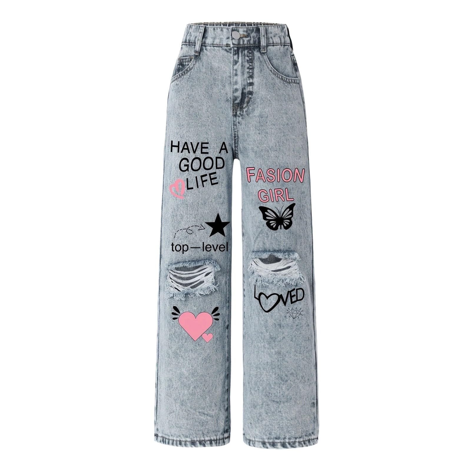 WWricotta Pantaloni Bambini, Jeans per Ragazze, Larghi in Denim A Gamba Larga, Vita Alta Elasticizzata, con Fiocco Carini, Casual, Abbigliamento da Strada per, Taglie Grandi Disponibili