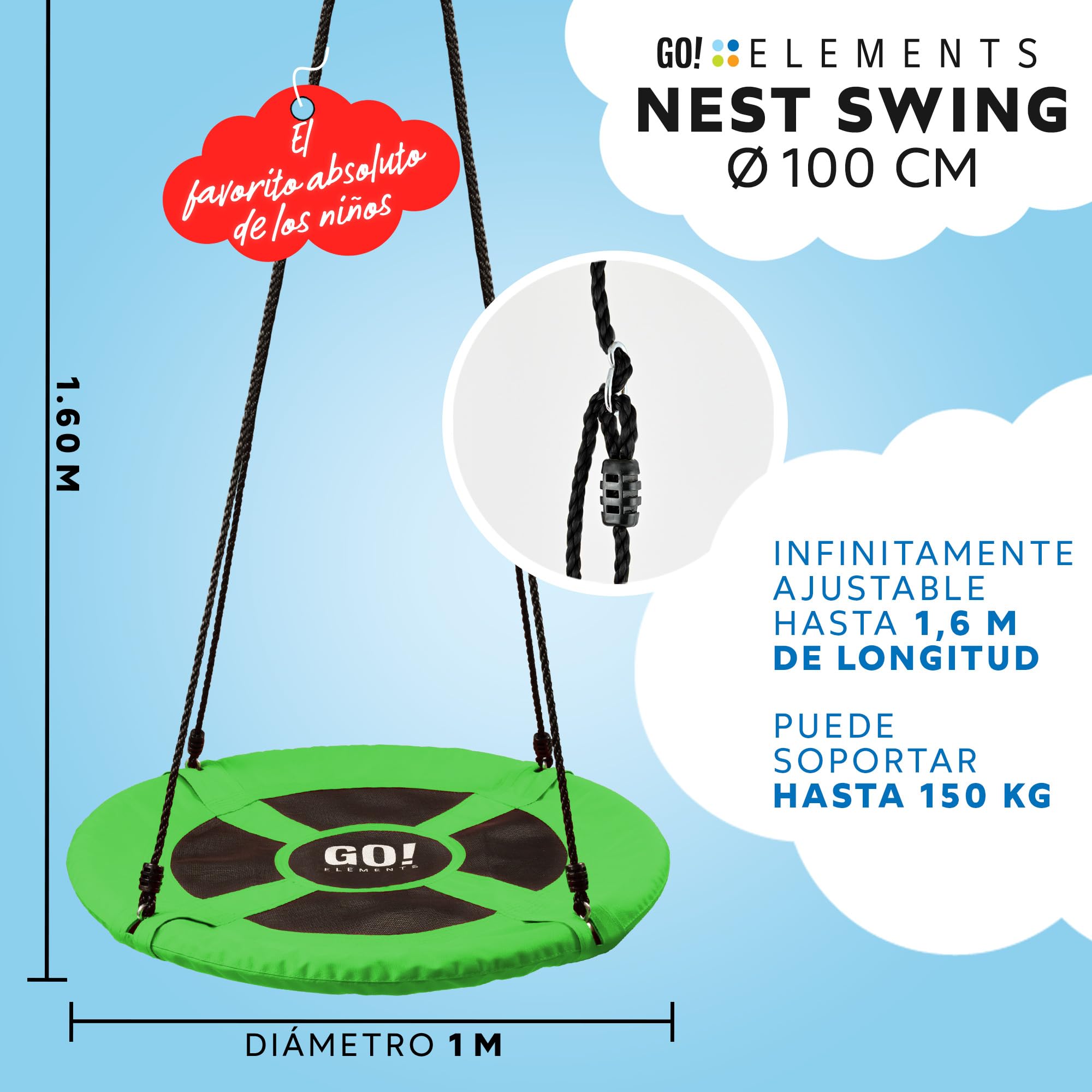 GO!elements Columpio Circular Nido | Jardín Redondo Ajustable en Altura para Niños y Adultos con Capacidad de Carga de hasta 150 kg. Tamaño: ø 100 cm, Color: Verde