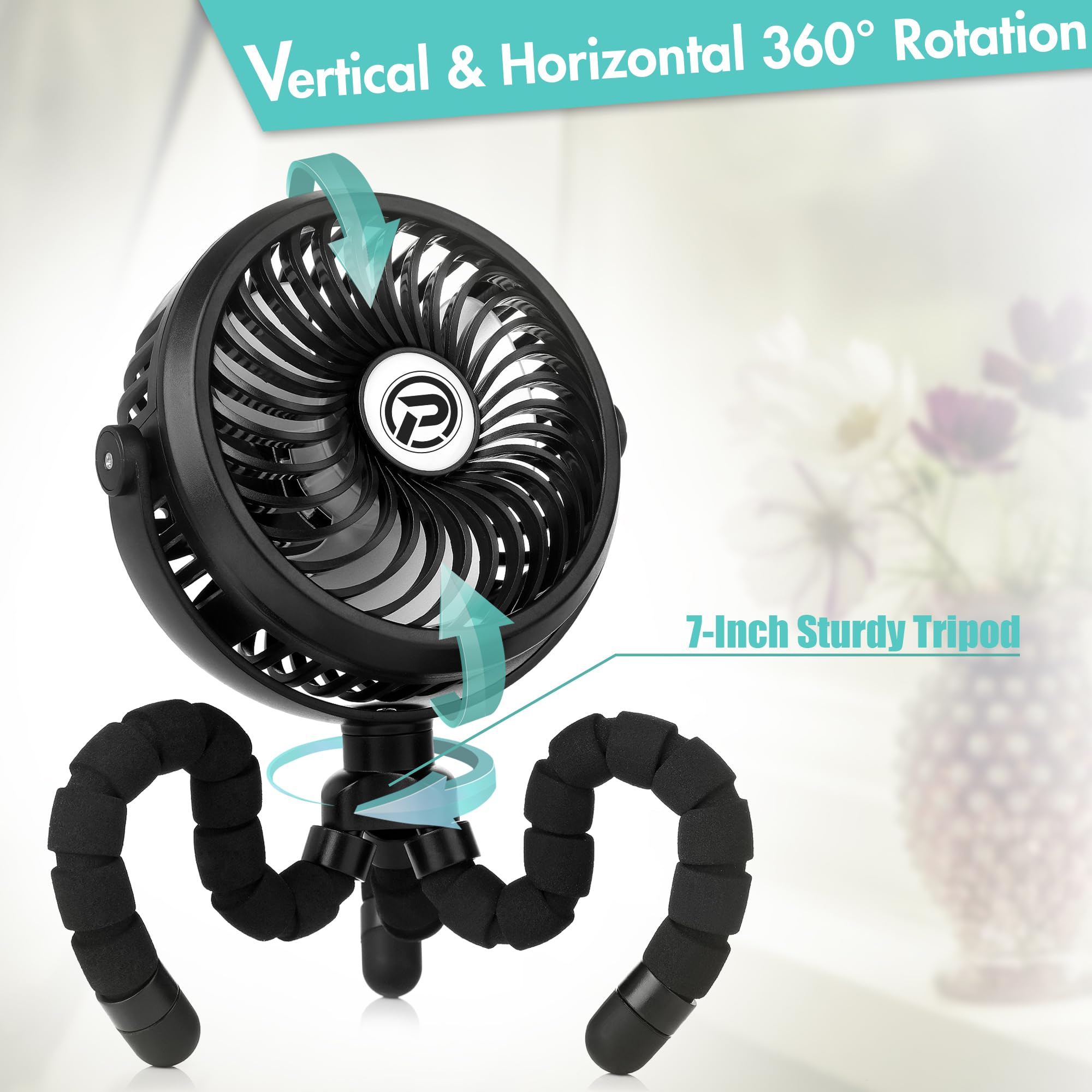 Winique Mini Ventilador USB,2600mAh alimentado por batería oscilante 360° Girar 3 Velocidades para coche/cochecito/caminadora/camping/barbacoa/gimnasio