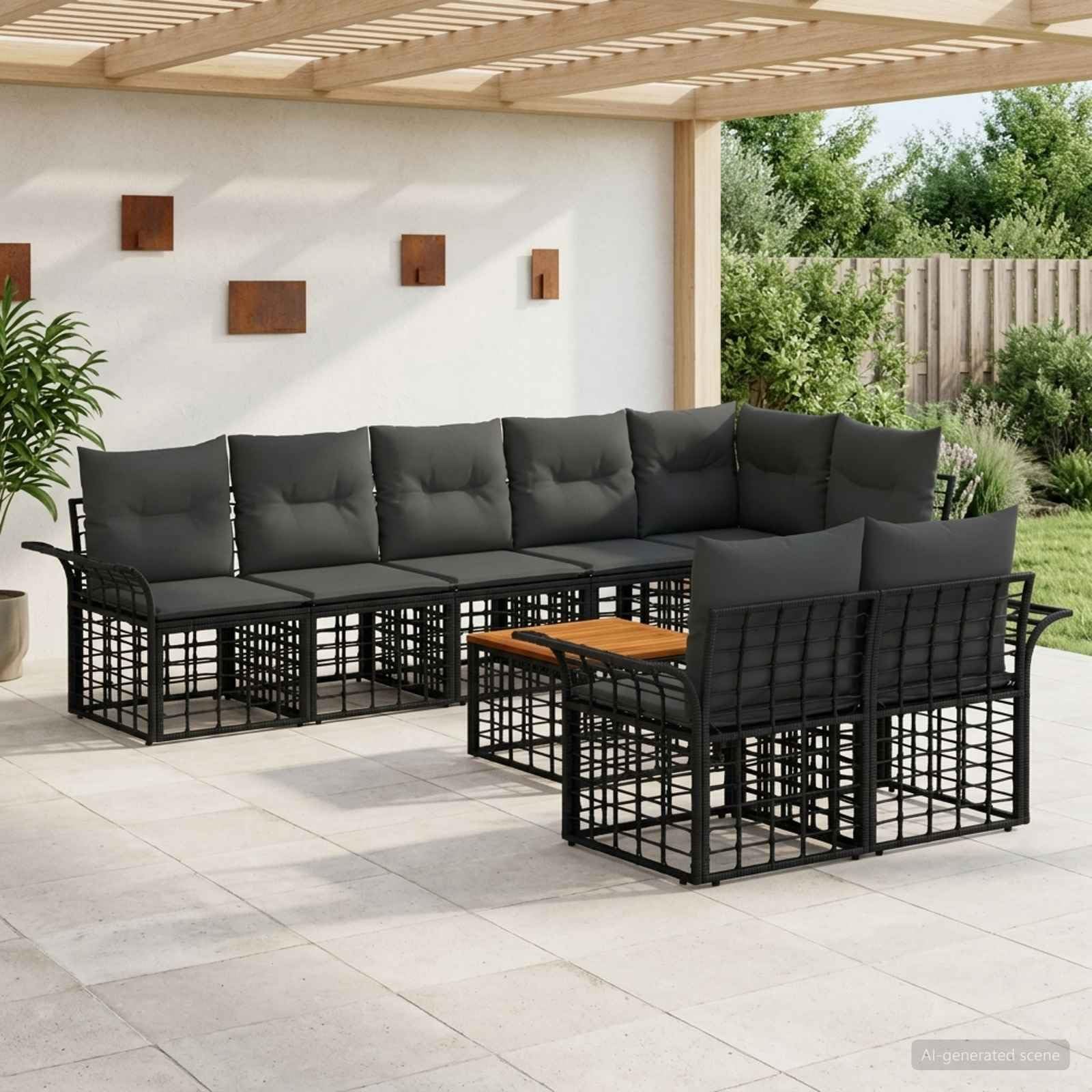 Ensemble de canapés d extérieur modulable 9 pièces Noir Gris foncé Poly rotin Acier Coussins pour terrasse Jardin, Salon Lounge Confort Assise et Dossier