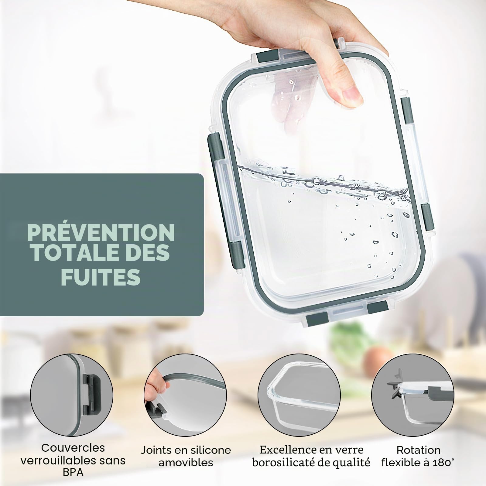 VERONES Lot de 10 récipients en verre pour la préparation des repas,conservation des aliments avec couvercles, pour le micro-ondes, le four, le congélateur et le lave-vaisselle