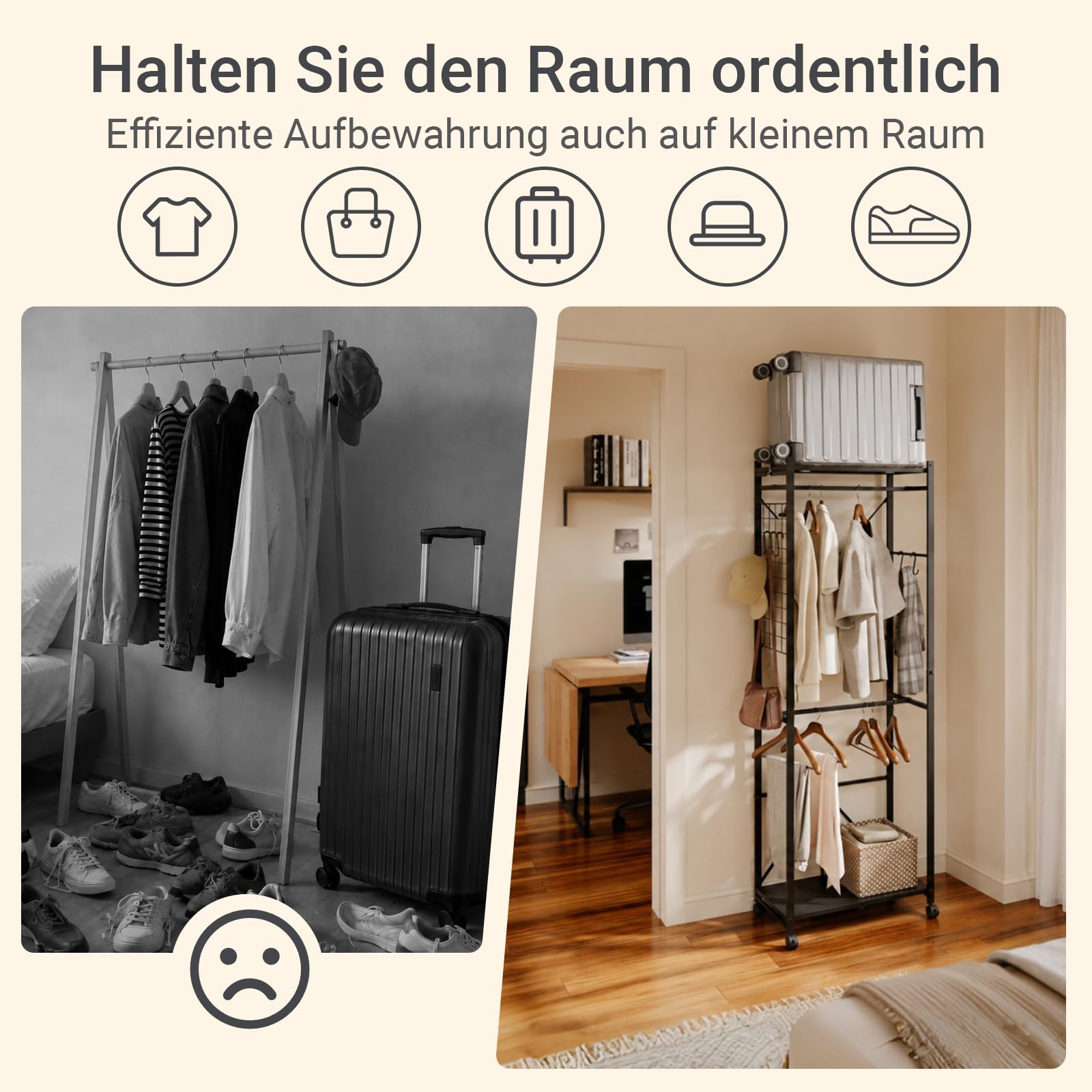 SoBuy Klappbarer Kleiderständer Schmal auf Rollen, 60,5x32,5x175cm | mit Schuhablage, Haken & Gepäckständer für Schlafzimmer Flur Wäscheraum, werkzeugfreie Montage, Schwarz, KLS21-SCH
