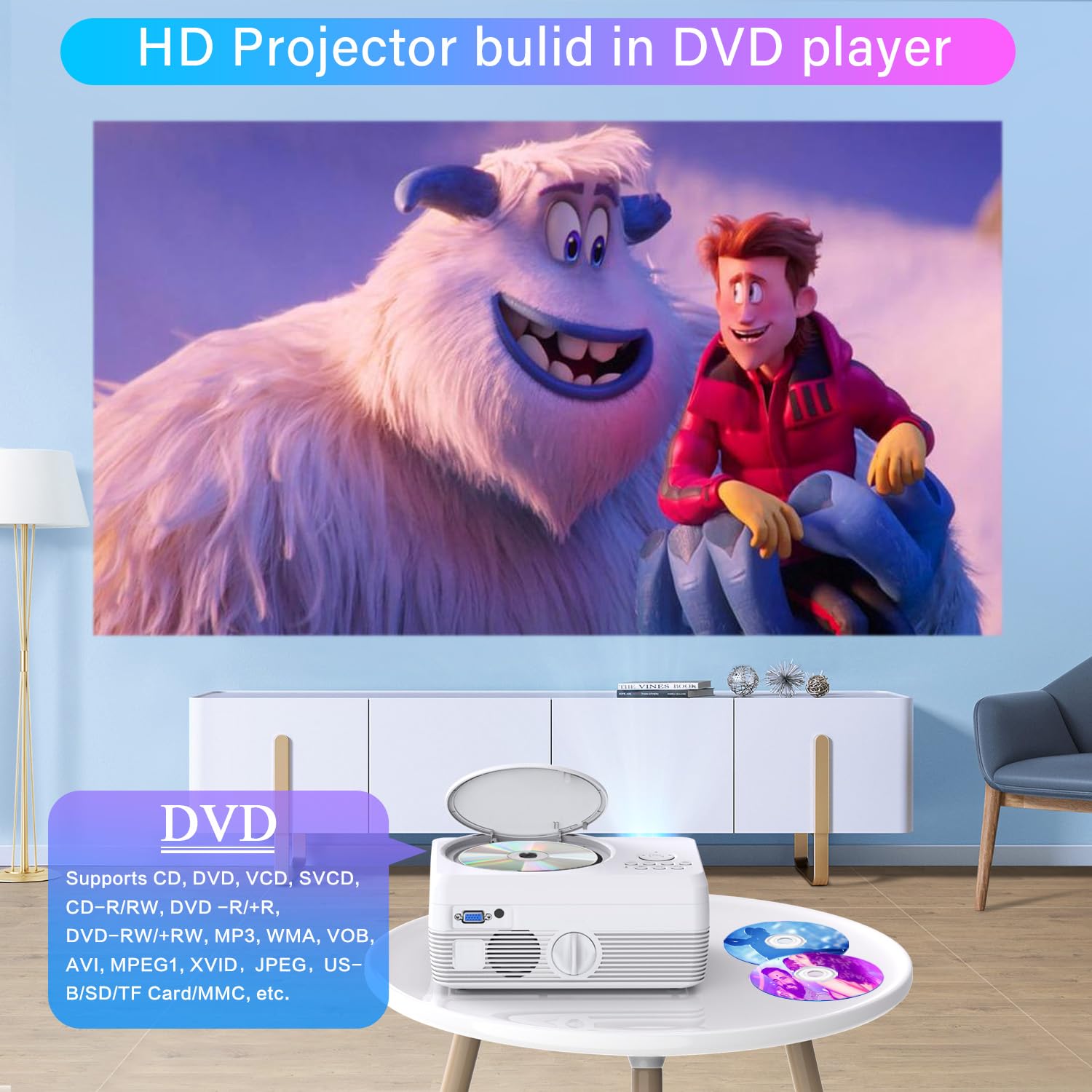 Full HD WiFi Bluetooth Projector Built in DVD Player, 12000LM 1080P Supported, Portable Mini DVD Projector for Outdoor Movies, 250" Home Theater, Compatible with iOS/Android/TV Stick/PS4/HDMI/USB/TF — Amazon image 2