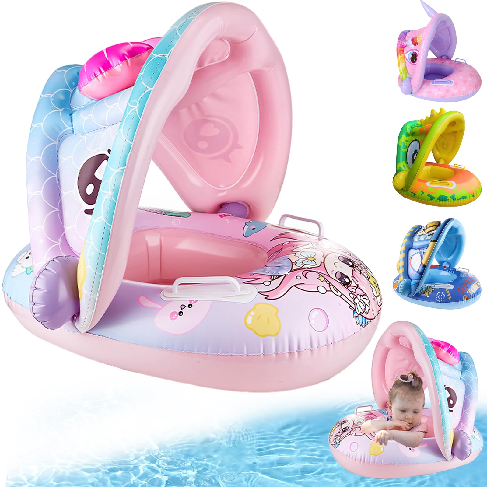 Rosa Flotador de Piscina para bebé, Protección Inflable Flotador de Natación Sirena con toldo de Protección Solar, Ayuda para Nadar Bebé, Anillo de Natación para Bebé para Niños Bebés de 1-4 año