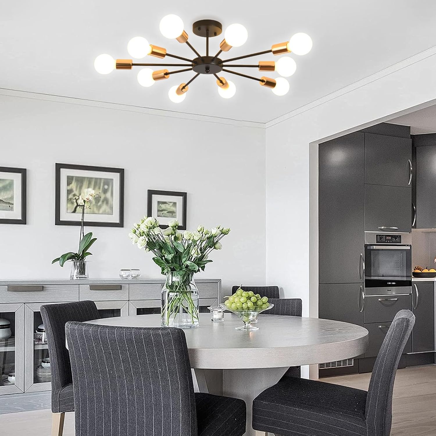 Jaycomey Semi Flush Mount Sputnik Ceiling Light,10-Light E26 Base Modern Black Sputnik Chandelier,Industrial Ceiling Lamp Fixture for Kitchen Farmhouse Living Room Dining Room