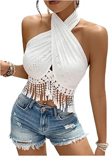 Women's Sexy Criss Cross Wrap Halter Neck Tassel Trim Eyelet Fringe Boho Crop Tops