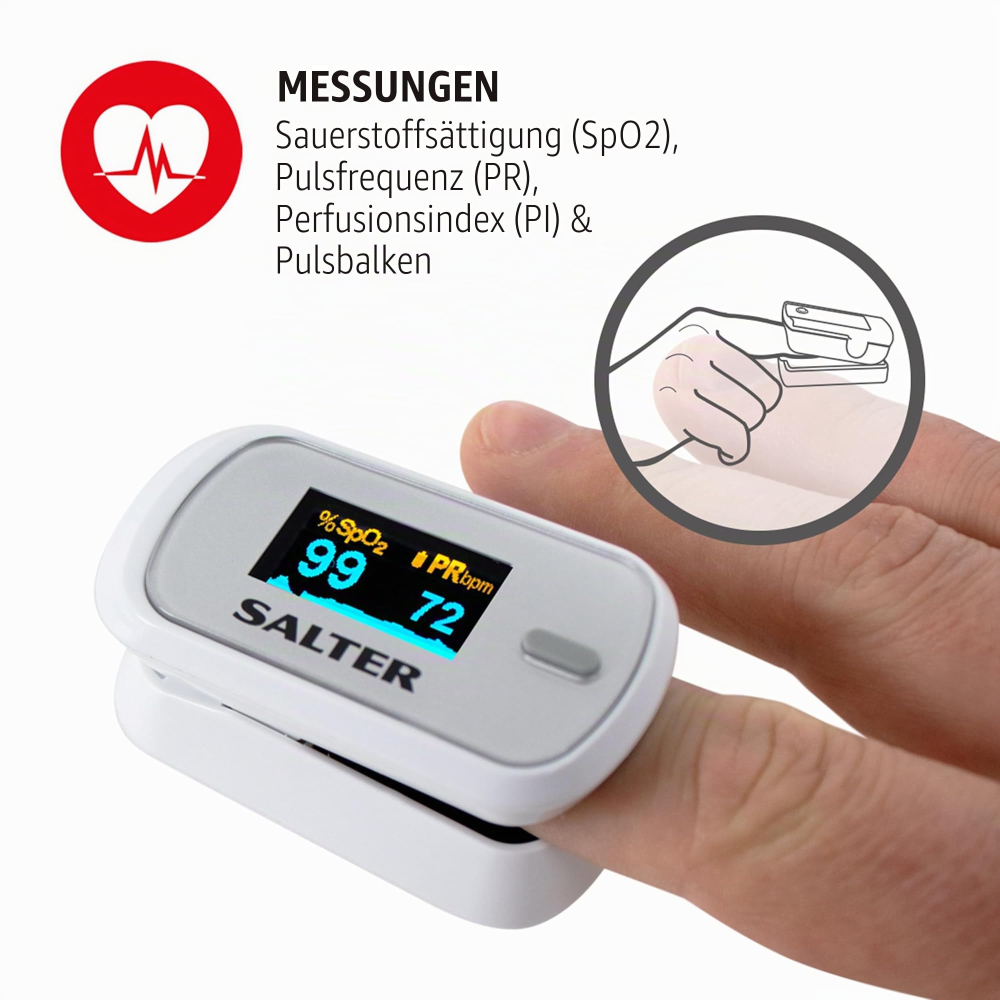 Salter PX-100-EU OxyWatch, fingeroximeter sauerstoff, Pulsoximeter, medizinischer oximeter, blutsauerstoffmessgerät finger, schnelles Messen, tragbar und benutzerfreundlich, 2 Jahre Garantie