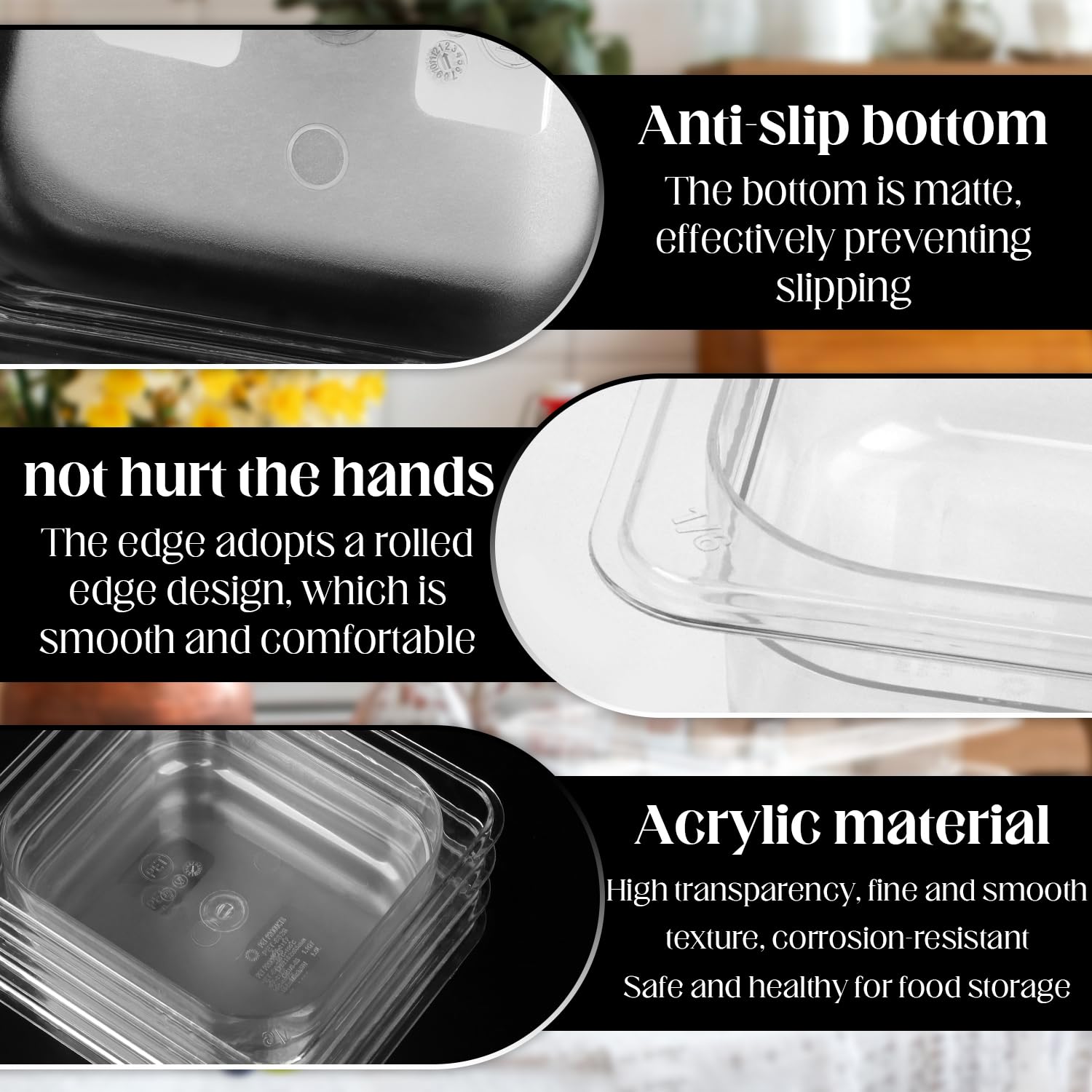 Sartén de plástico para alimentos con tapa, 8 piezas de plástico transparente de tamaño 1/6, recipientes de almacenamiento de alimentos de policarbonato transparente, sartenes frías profundas