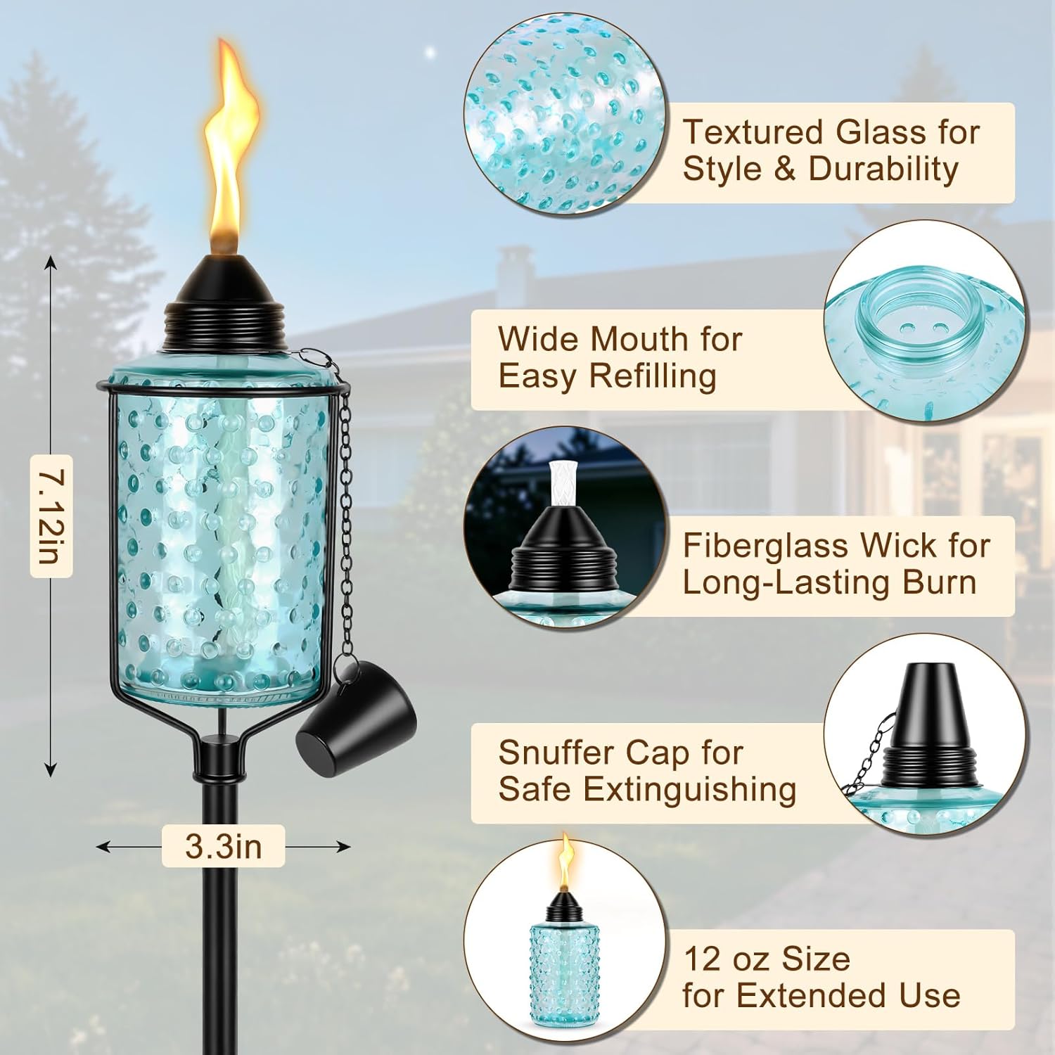 4 Pack Glass Garden Torch, 12 oz Citronella Torches for Outside, 61 Inch Decorative Torch with 5-Prong Grounded Stake for Patio, Backyard, Garden Décor, Party, Pathway