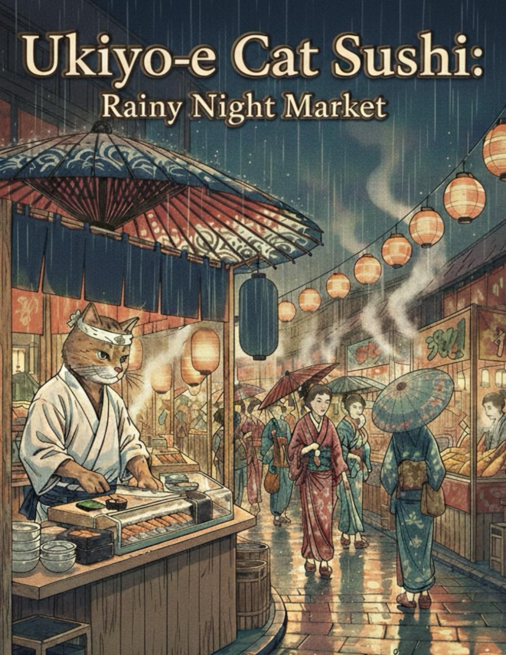 Ukiyo-e Cat Sushi: Rainy Night Market: A Calm and Atmospheric Coloring Book for Adults Inspired by Edo-Period Japan