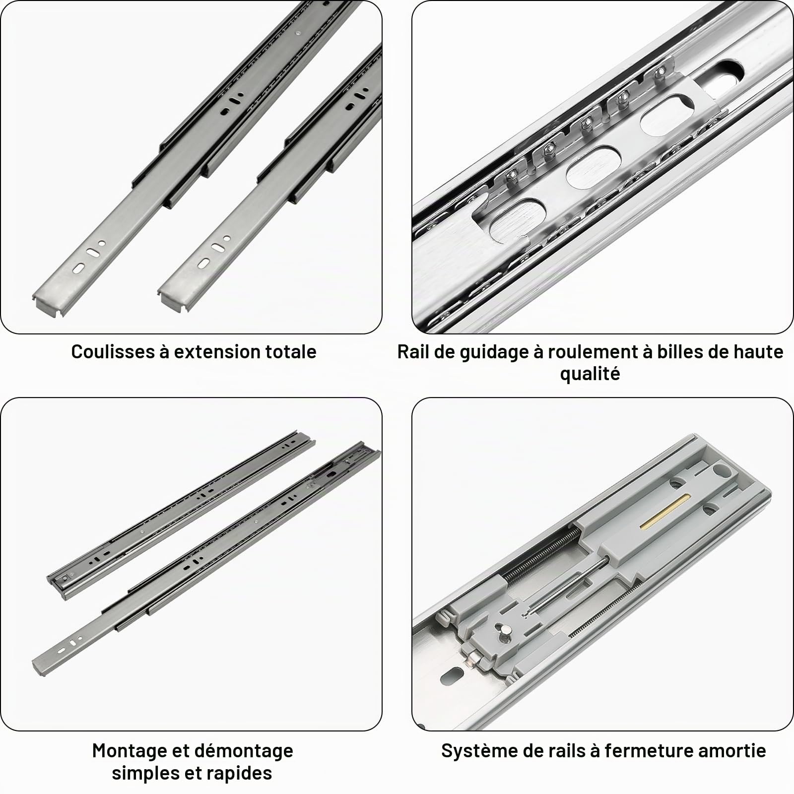 Ikodm 4 Paires 8 Pièces Glissières de Tiroir 60cm à Sortie Totale, Coulisses Télescopiques avec Amortissement, Guidage à Billes, jusqu’à 45 kg par Paire