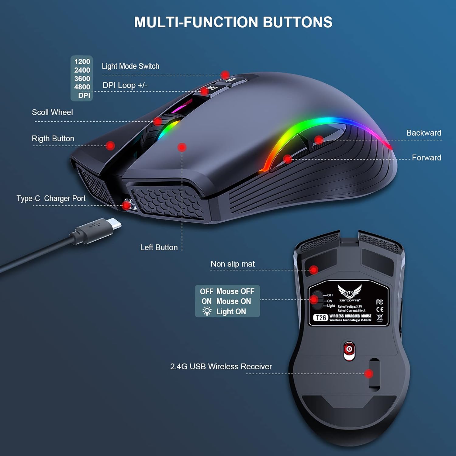 Rechargeable Wireless Gaming Mouse, RGB LED Backlit Mouse with 4 Adjustable DPI, 7 Button, 2.4G USB Optical Gaming Ergonomic Computer Mice for Laptop PC Gamer Computer Desktop (Black)