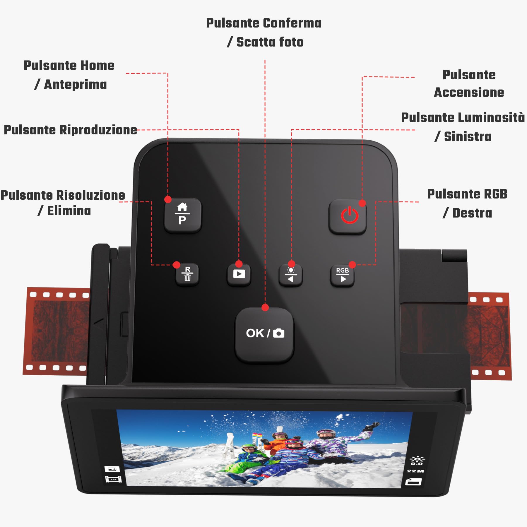 Scanner digitale per film e diapositive con ampio display LCD da 5 pollici, scanner negativo e diapositive per digitalizzare, converte 135, 126 KPK, 110 film negativi e Super 8 in JPEG da 22 MP.