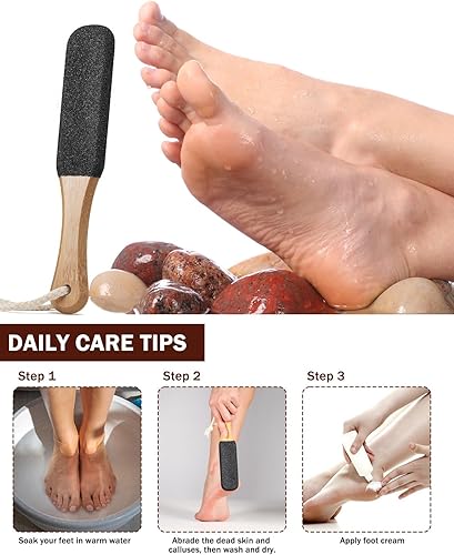 Miniatura 10 de BEZOX Removedor de callos con mango de bambú (1 unidad), limpiador de pies portátil de doble cara, lijadora profesional de pedicura para pies suaves