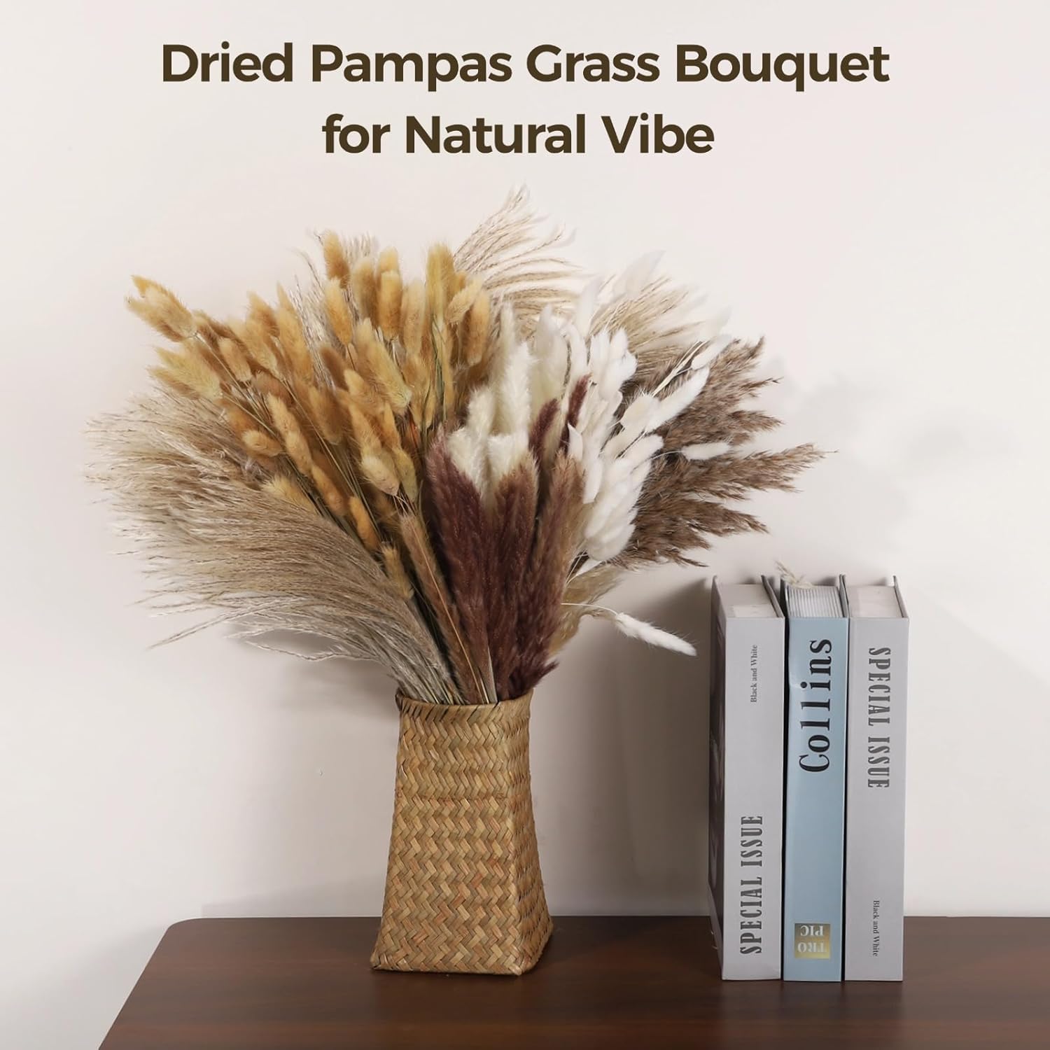 300 Pcs Dried Pampas Grass Bouquet - Natural Eucalyptus & Bunny Tail Grass, Boho Home Decor, Ideal for Wedding, Table, and Living Room Styling