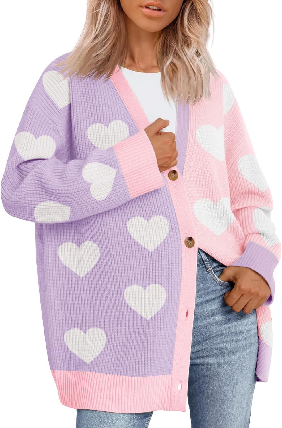 Saodimallsu Womens Heart Cardigan Sweaters Valentines Oversized Winter Color Block Button Up Cute Ribbed Sweater Coats
