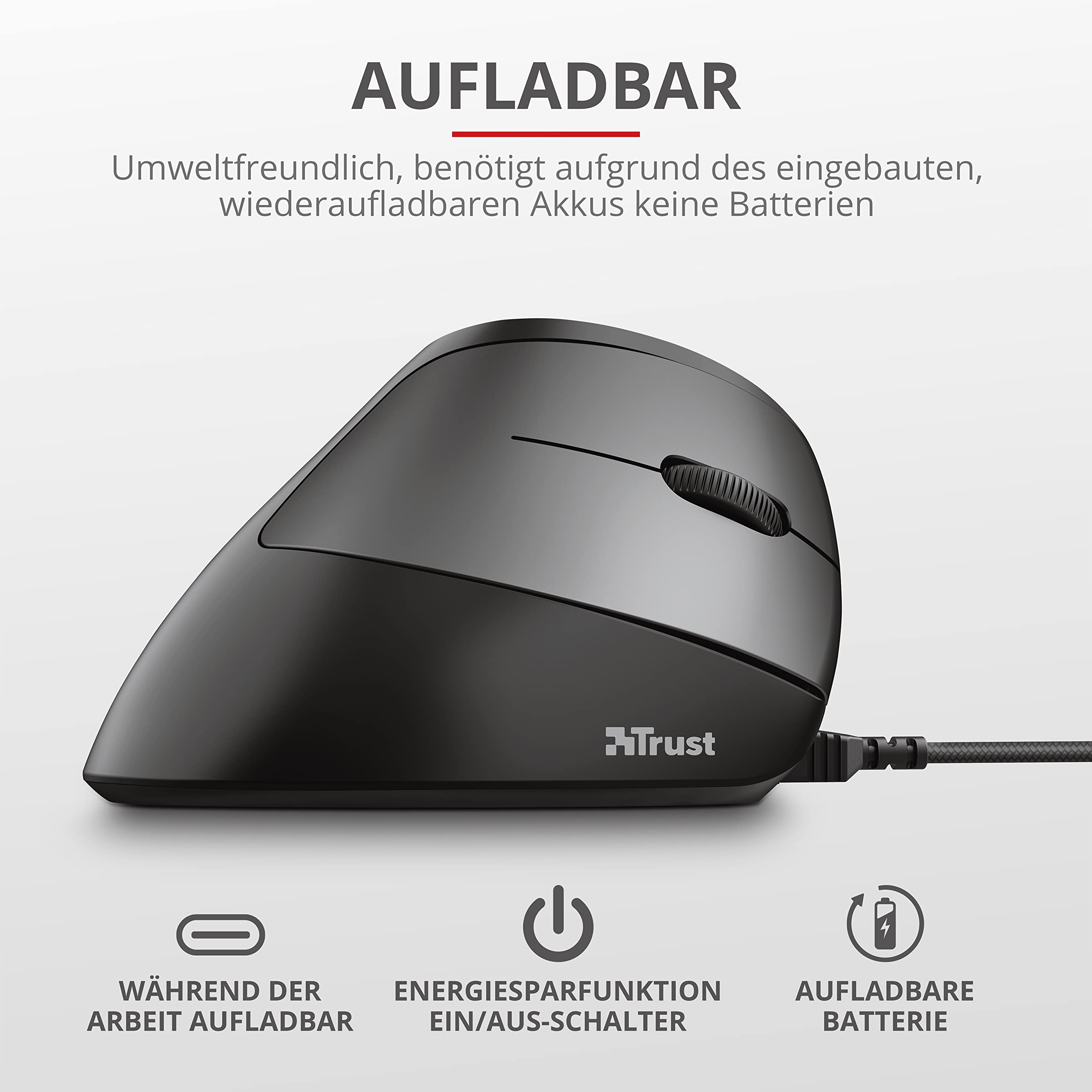 Trust Bayo Kabellose Vertikale Maus, Wiederaufladbare Ergonomische Maus, 800-2400 DPI, RF 2.4GHz, 6 Tasten, USB-Empfänger, Funkreichweite 10m, RGB, Funkmaus für Laptop, PC, Computer, Mac