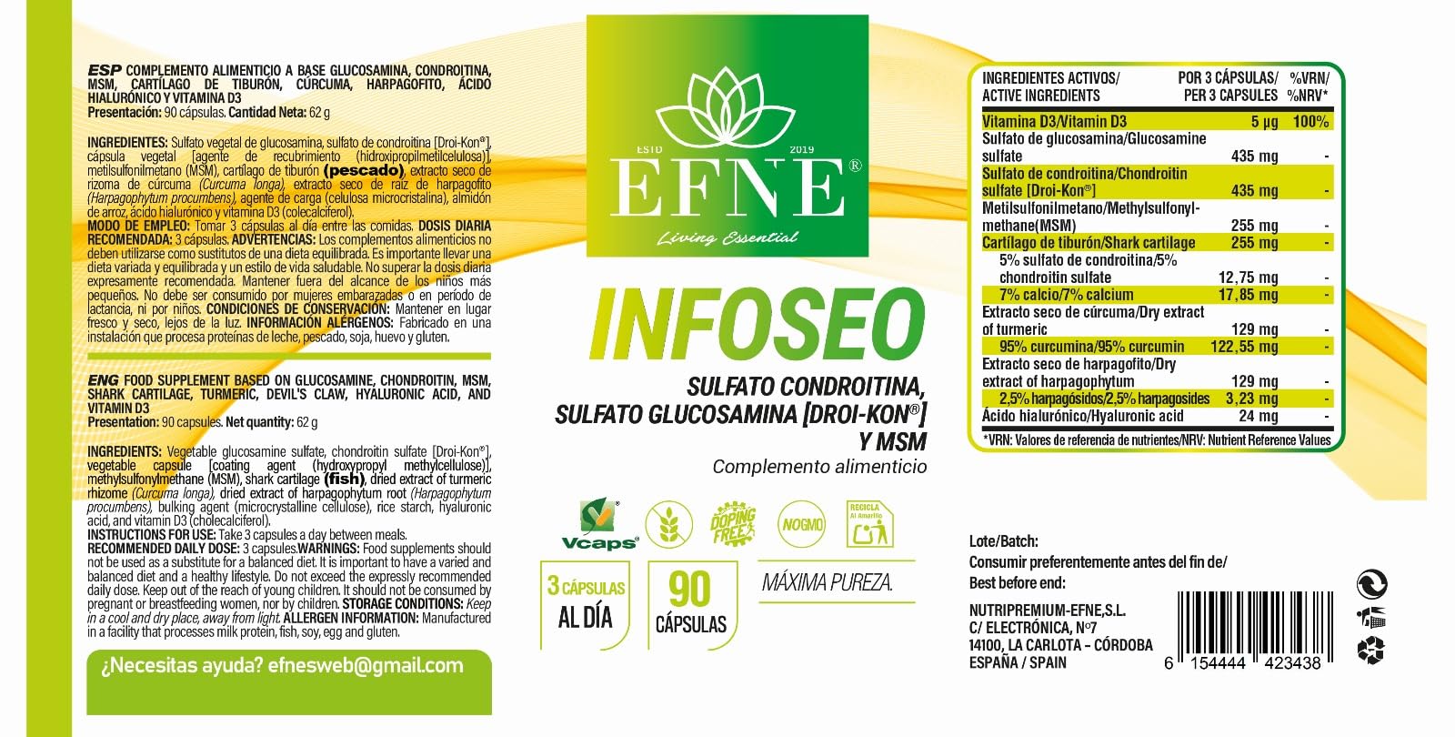 EFNE | Infoseo Articulaciones | Glucosamina, Condroitina (Droi-Kon®) y MSM | 90 Cápsulas | Suplemento para Cartílagos, Huesos y Movilidad | Fórmula Avanzada | Alta dosis