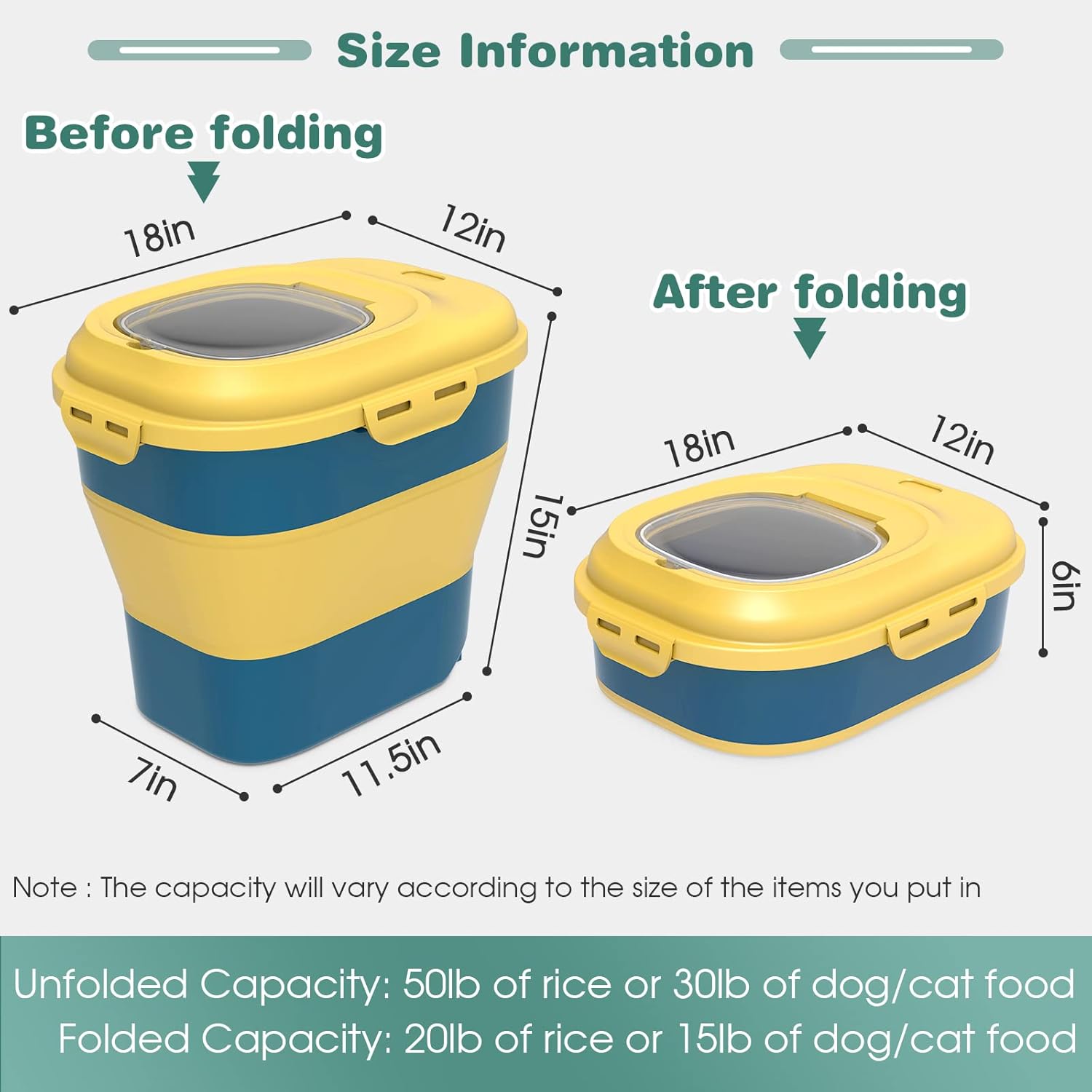 Pet Supplies : Collapsible Dog Food Storage Container, Dog Food Container 30 LB, Airtight Pet Food Storage Container with Folding Bowl, Measuring Cup, Scoop & Wheels, 50 Lb Kitchen Food Storage Bin for Dog Treats : 