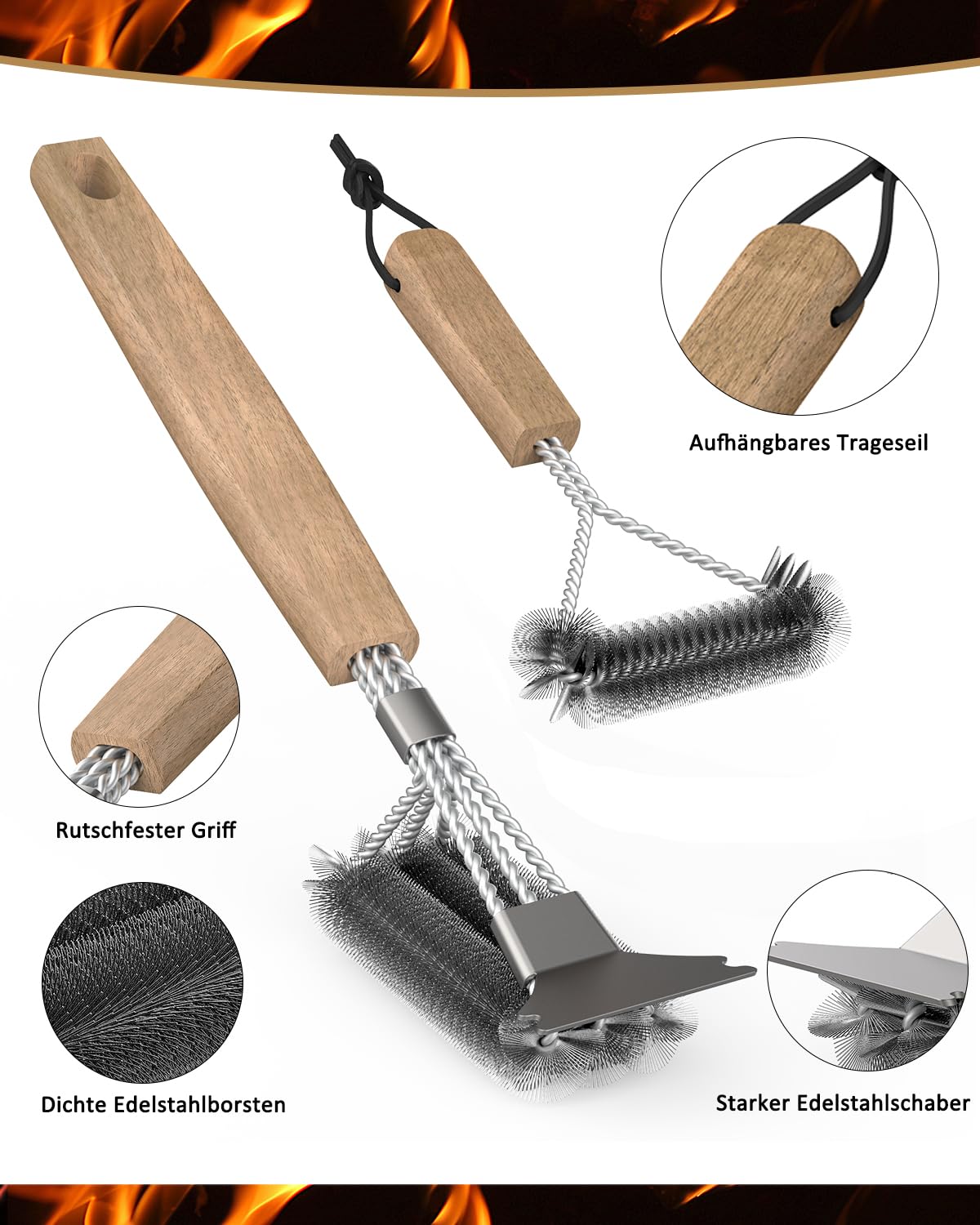 HAZENS Lot de 2 brosses de nettoyage pour barbecue avec manche en bois, 39 cm, grattoir en acier inoxydable, poils denses en acier inoxydable, triangulaire à 360°