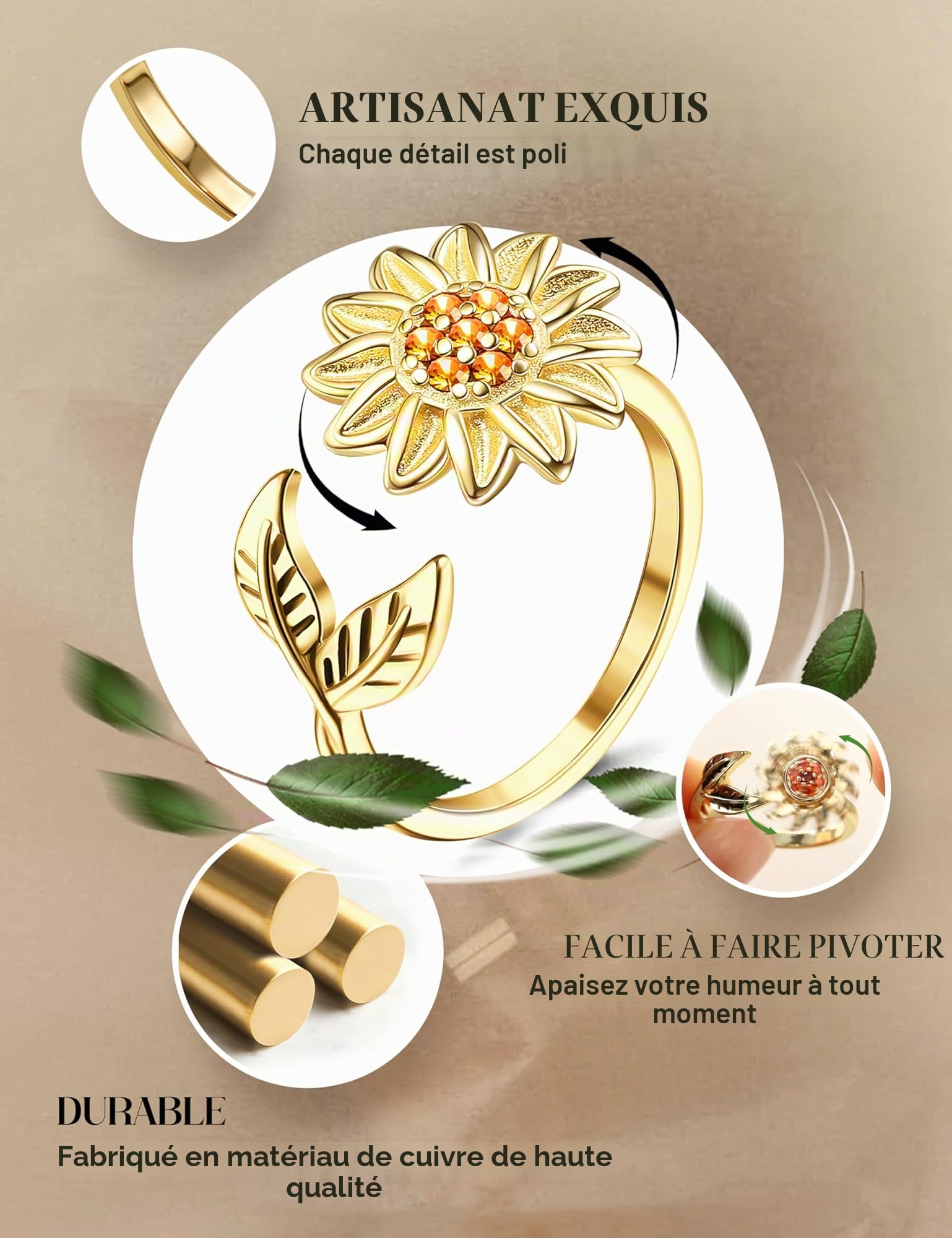 CASSIECA 9 Pièces Spinner Ring Femmes Bande Ring Anneau de Spinner Ouverts Réglables Bague Empilables Bague Zirkonia PlanèteTournesol Fleurs Bague tu ES Mon Soleil Bague Tournoyer Anneaux Cadeau