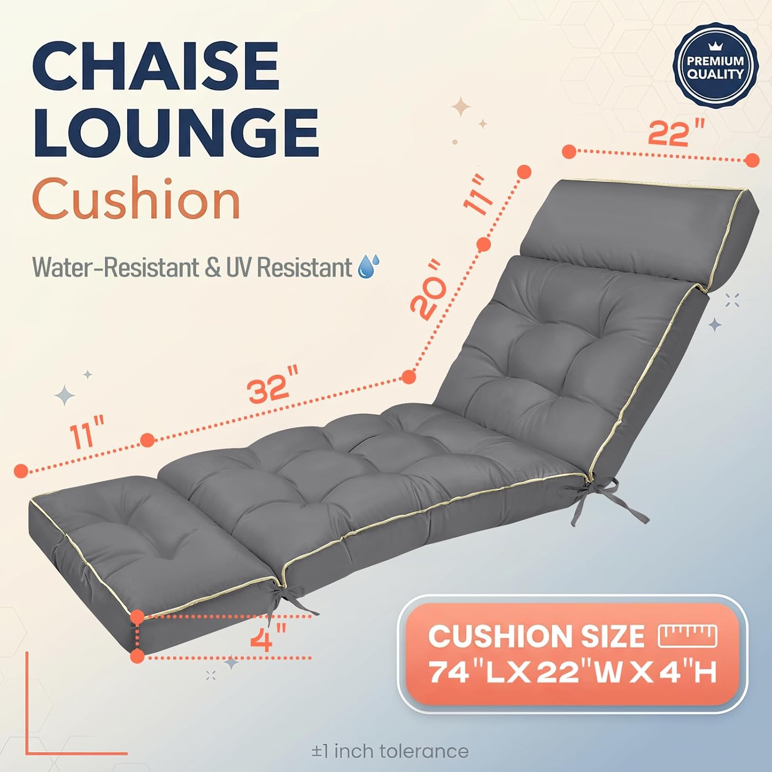 MAGIC ELEPHANT Chaise Lounge Cushion Outdoor, Memory Foam Replacement Patio Pool Lounge Chair Cushion with Ties for Outdoor Furniture, 74 x 22 x 4 Inch (Gray)