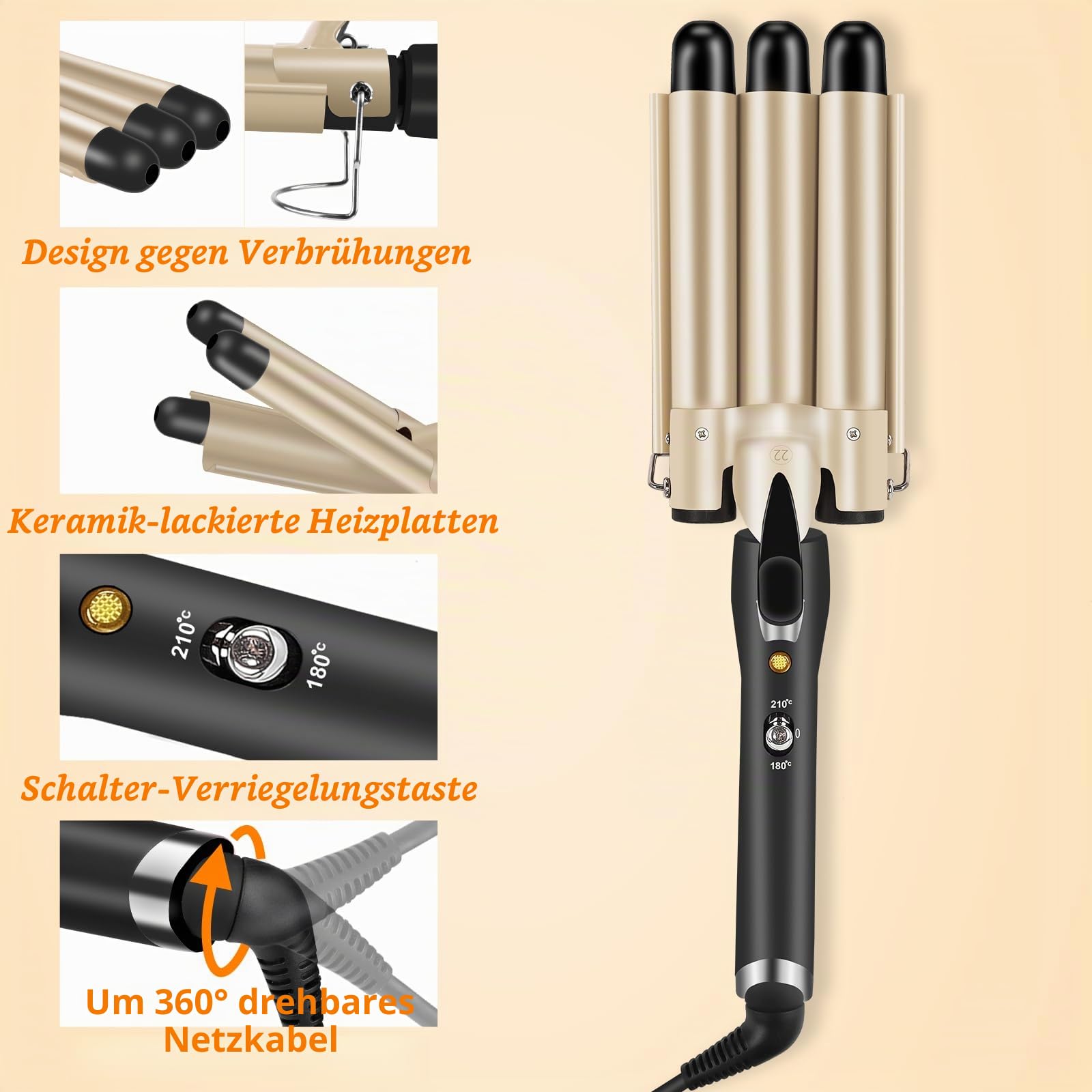 Lockenstab 3 Fässer LAYADO Welleneisen für Haare, Welleneisen 22mm, Beach Waves Lockenstab Einstellbar Schnell Eerhitzendes Professionelle Styling-Tool Für Alle Langes/Kurzes Haar