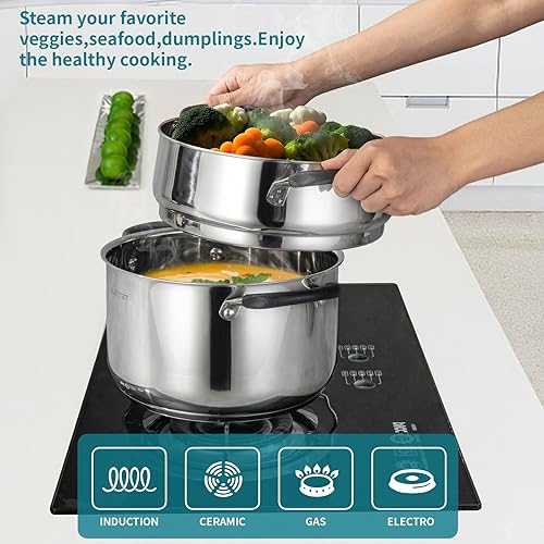 Miniatura 4 de Olla de acero inoxidable de 6 cuartos de galón con vaporizador, olla multiusos de 6 cuartos de galón con mango de silicona que se mantiene fresco y