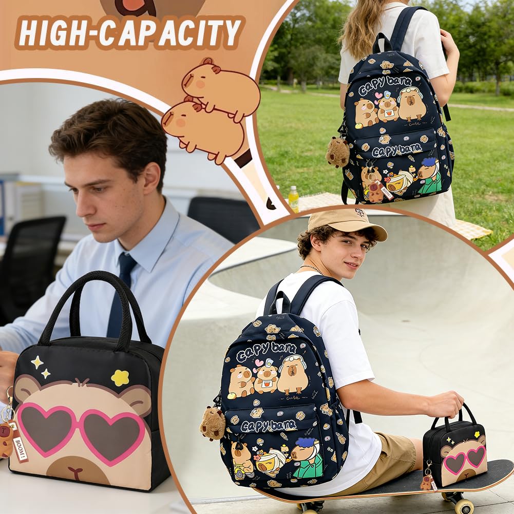 Capybara Sac à dos Set, Sac à dos enfant fille et petit sac isotherme repas avec lunch bag isotherme, adaptés à l'école, aux voyages, au travail et aux loisirs, un choix idéal pour adolescent violet