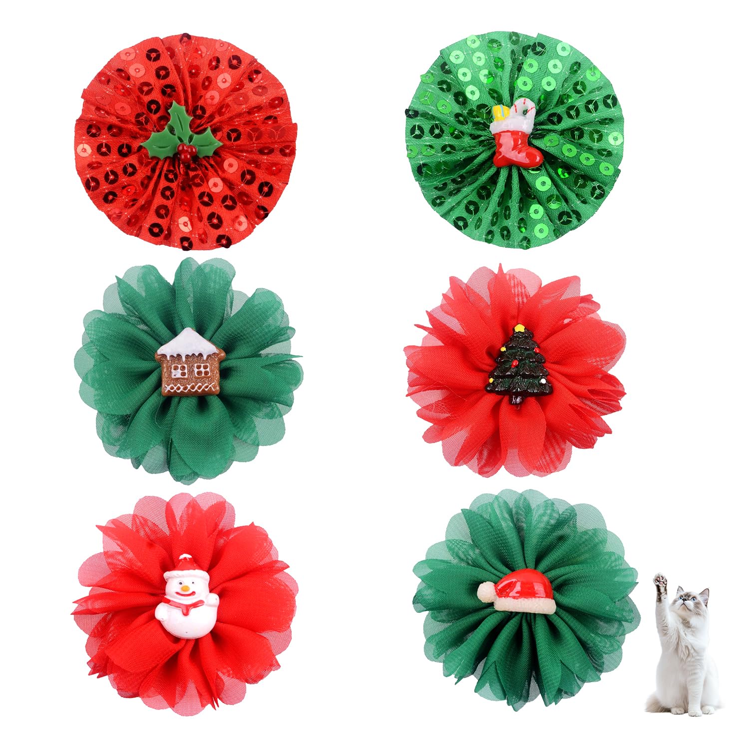 MFUOE 6Pieces Christmas Dog Collar Flower Christmas Themed Multi-Color Pet Flower Collars Dog Bow Tie Charms Holiday Party Attachment Grooming Accessories for Pet Xmas Gift