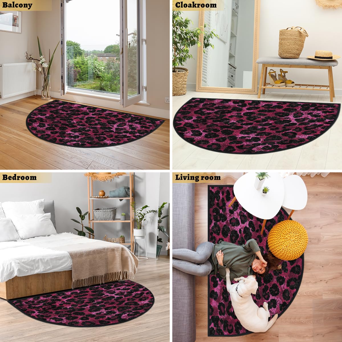 Mexpekil Paillasson demi-lune imprimé léopard rose foncé pour intérieur et extérieur - Demi cercle - Absorbant la saleté - 100 x 160 cm