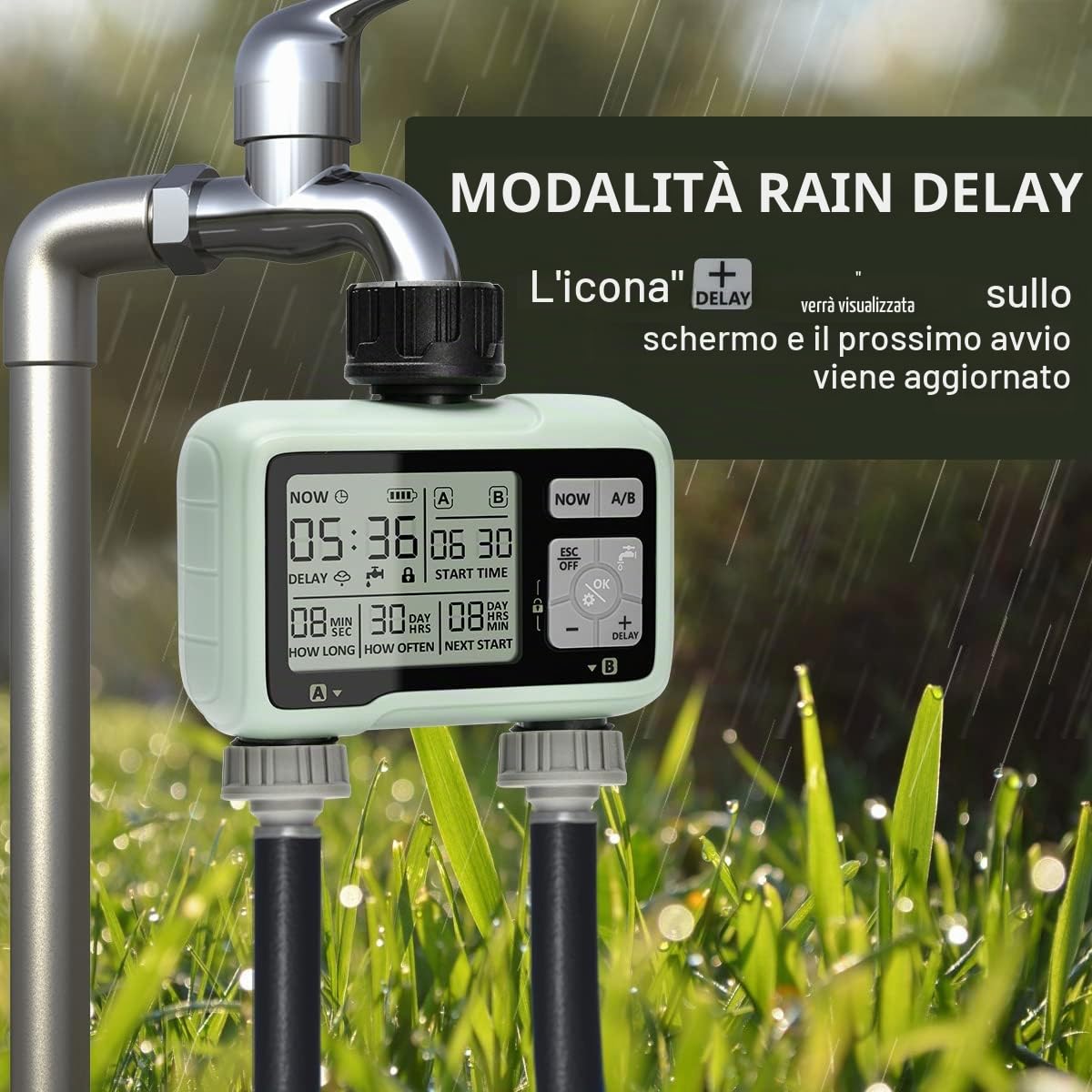 Timer Irrigazione 2 vie, Computer Giardino Irrigazione Timer,Timer Acqua Giardino Programmabile con Ritardo Pioggia, Modalità di Irrigazione Automatica e Manuale, per Giardino, Prato, Patio, Fattoria
