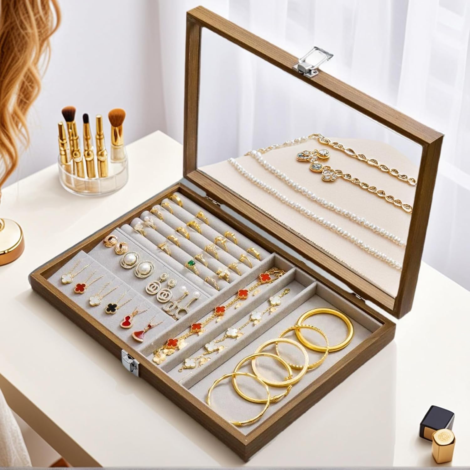 Jewelry Box Organizer for Women, Wooden Jewelry Box Vintage Jewelry Organizer for Earrings Necklace Rings Bracelets Storage, Christmas Birthday Gifts for Women Mom