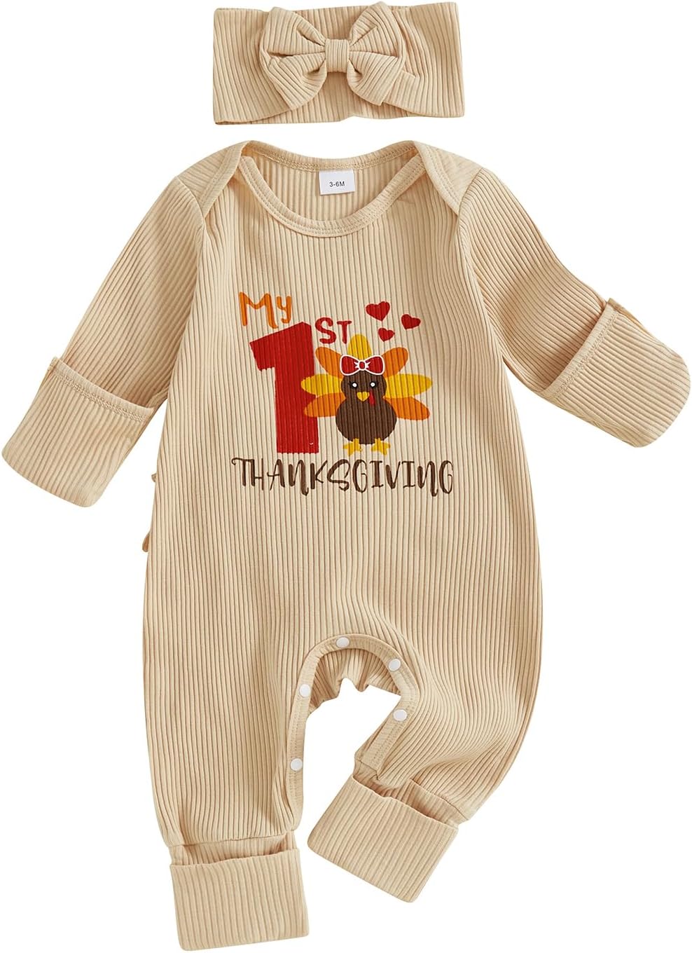 FIOMVA My First Thanksgiving Outfit Baby Girl Newborn Ribbed Romper Long Sleeve Onesie 1st Thanksgiving Clothes Preemie Fall