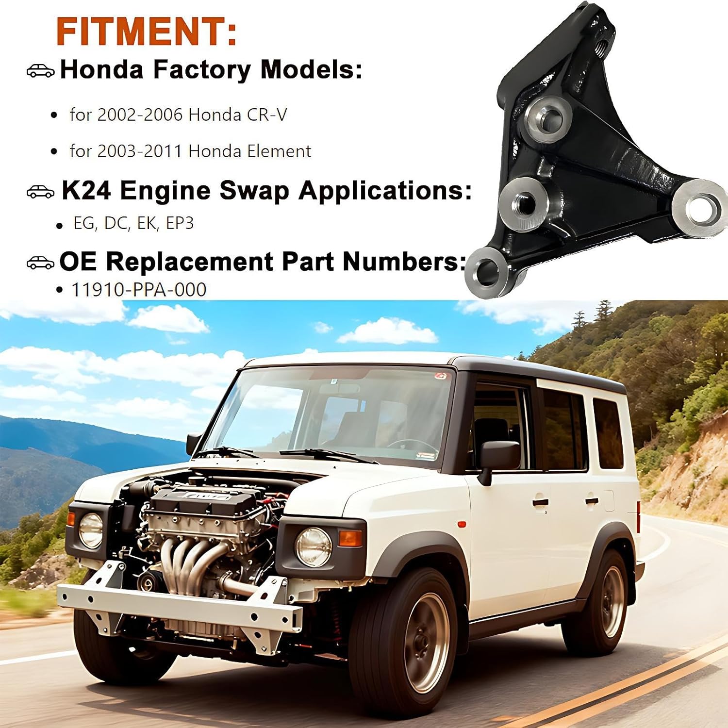 K24 Engine Mount Swap Bracket 11910-PPA-000 Compatible with Honda CR-V 2002-2006, Element 2003-2011 & EG/DC/EK/EP3- Black Anodized
