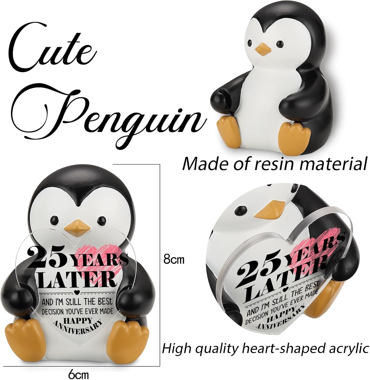 25 Year Anniversary Penguin Figurine Gift for Wife Husband, Funny Love Desk Decor for Partner, Romantic Appreciation Gift for 25th Anniversary Marriage Relationship Desk Display PF173 image 2