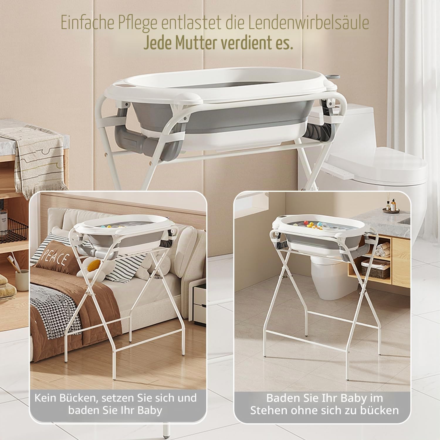 UBRAVOO Faltbare Babybadewanne – Ständer + Thermometer + Badekissen, Für Neugeborene bis 12 Monate (Grau)