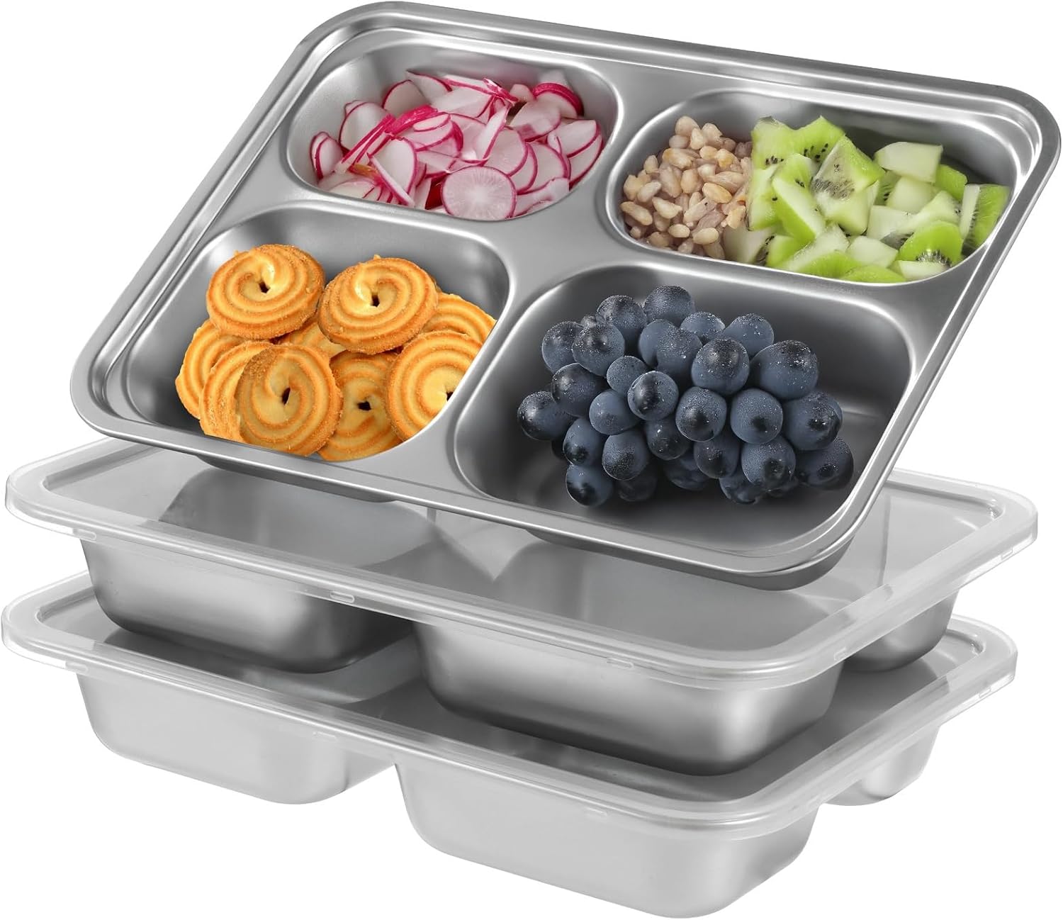Divided Food Tray, 3 Pcs Stainless Steel Snack Containers, 4-Compartment Box with Transparent Lids, 9.4 X 6.7 X 1.6 in Reusable Meal Prep Containers for Youngsters and Adults