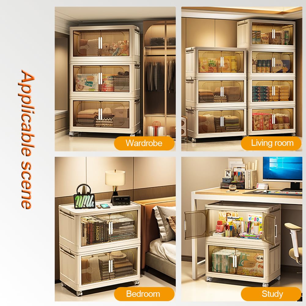 Caja de almacenamiento con tapa, cajas de almacenamiento apilables con apertura frontal, cajas de almacenamiento de plástico plegables con puertas magnéticas y ruedas, para dormitorio, sala de estar,