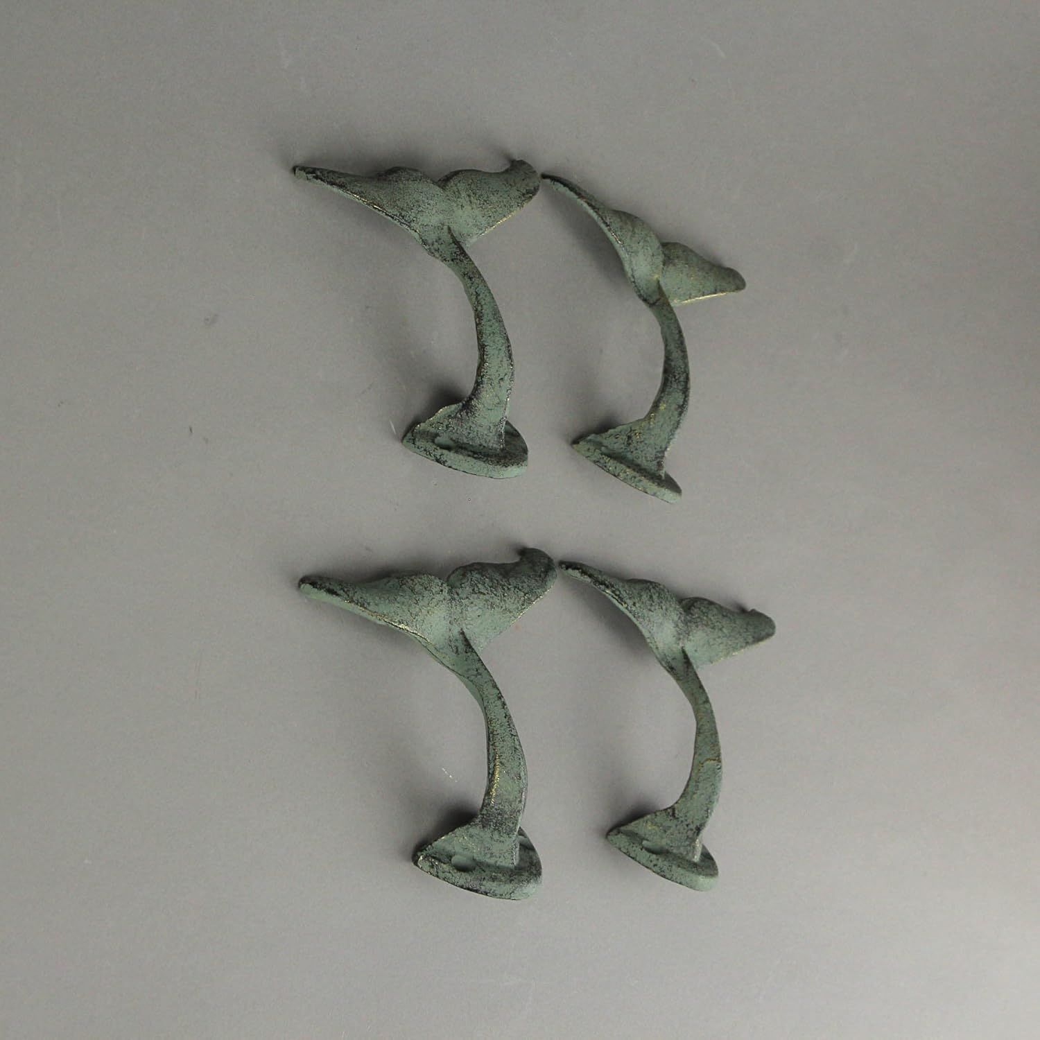 Zeckos Set of 4 Durable Cast Iron Whale Tail Wall Hooks with Verdigris Green Finish - Nautical Decorative Hooks for Coats, Robes, or Leashes - 4.5 Inches Long