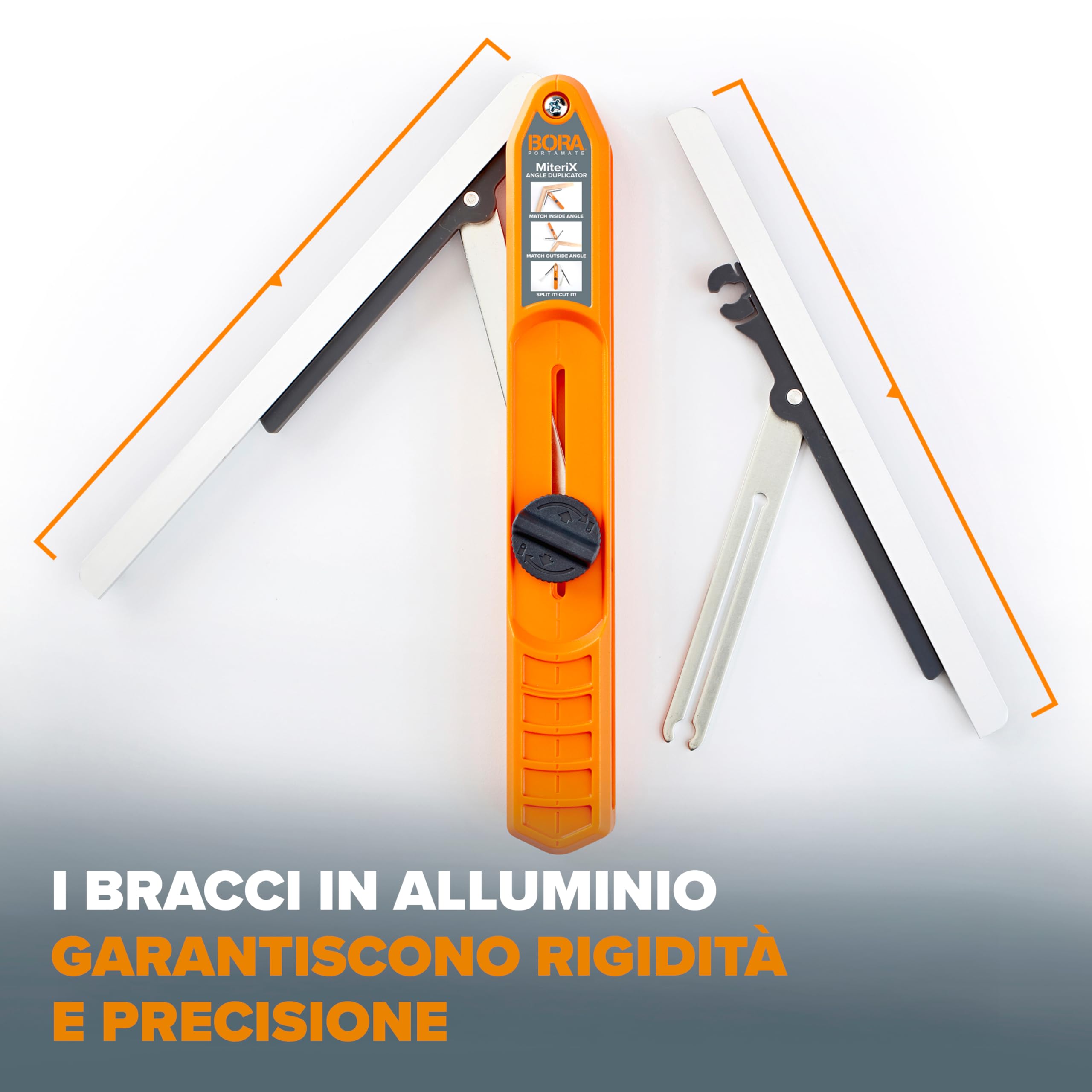 Bora 530401 Miterix. L'eccezionale strumento di misurazione del duplicatore che divide in modo da poter trasferire l'angolo esatto della mitra alla sega, argento/rosso