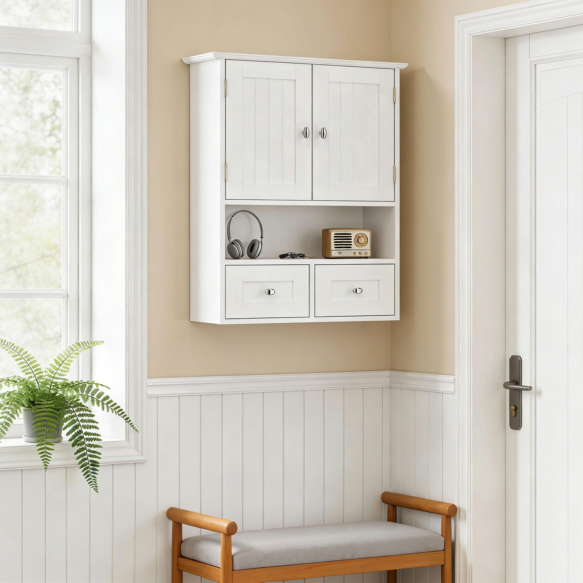 kleankin Armadietto Pensile Bagno a 2 Ante con Ripiano Aperto e 2 Cassetti, Mobiletto Multiuso per Cucina, Ingresso e Soggiorno, Bianco