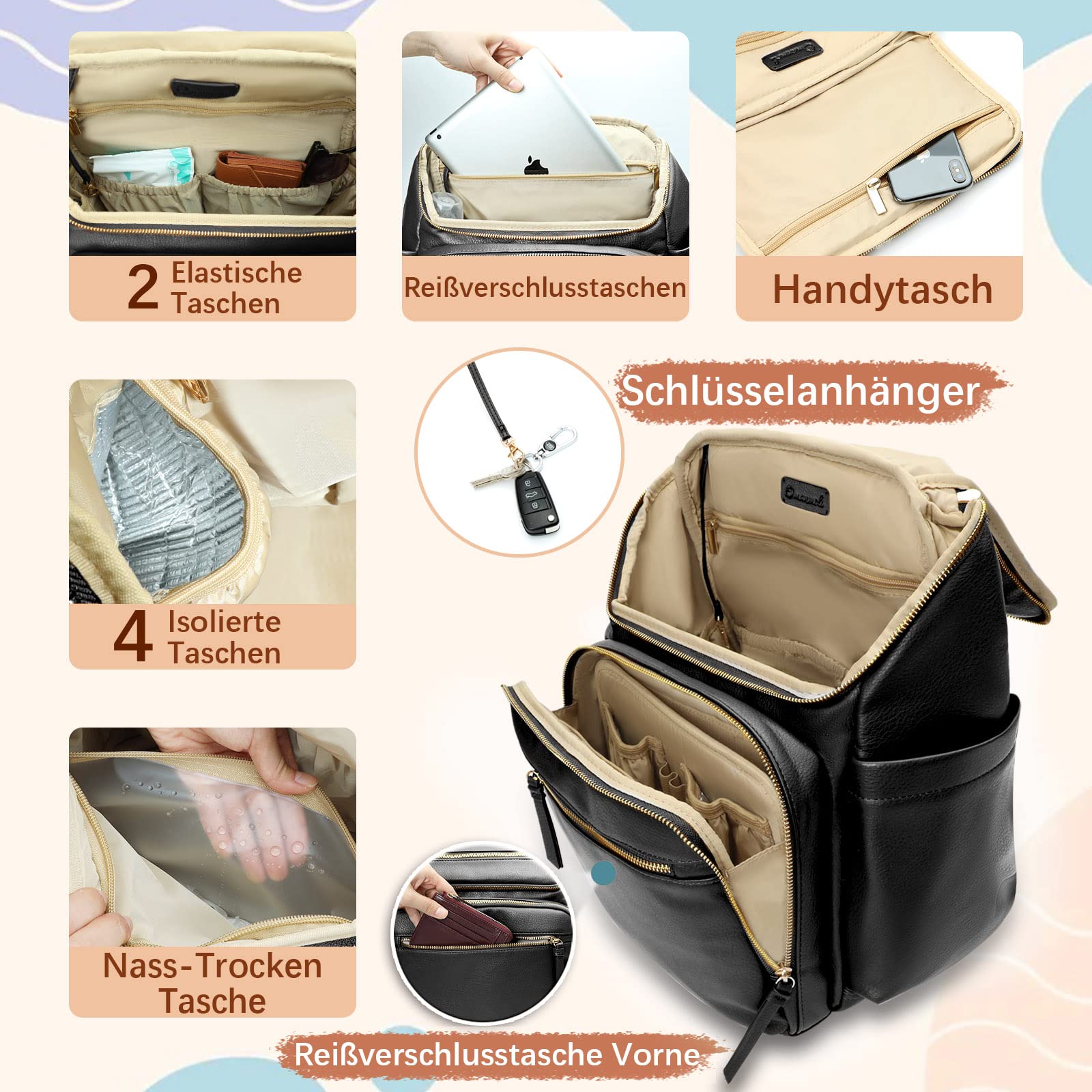 MISS FONG Baby Wickelrucksack Wickeltasche, Leder Wickelrucksack Groß Babytaschen Rucksack Lässig mit Multifunktions, 19 Wickeltasche Organizer, Wickelunterlage, Wickeltasch Kinderwagen Haken-Schwarz