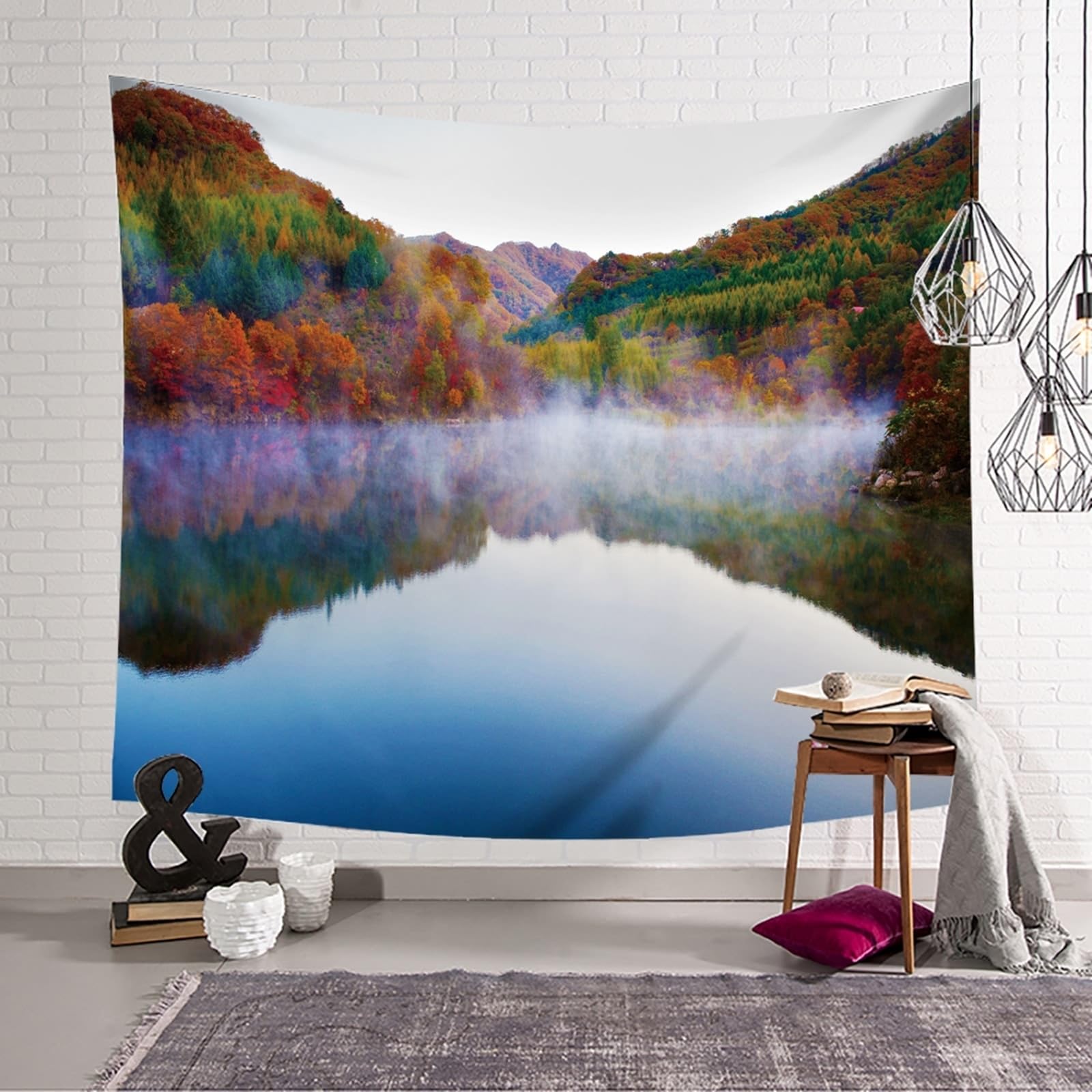 Tapiz de pared verde de poliéster, paisaje montañas, lago y árboles, 260 x 240 cm