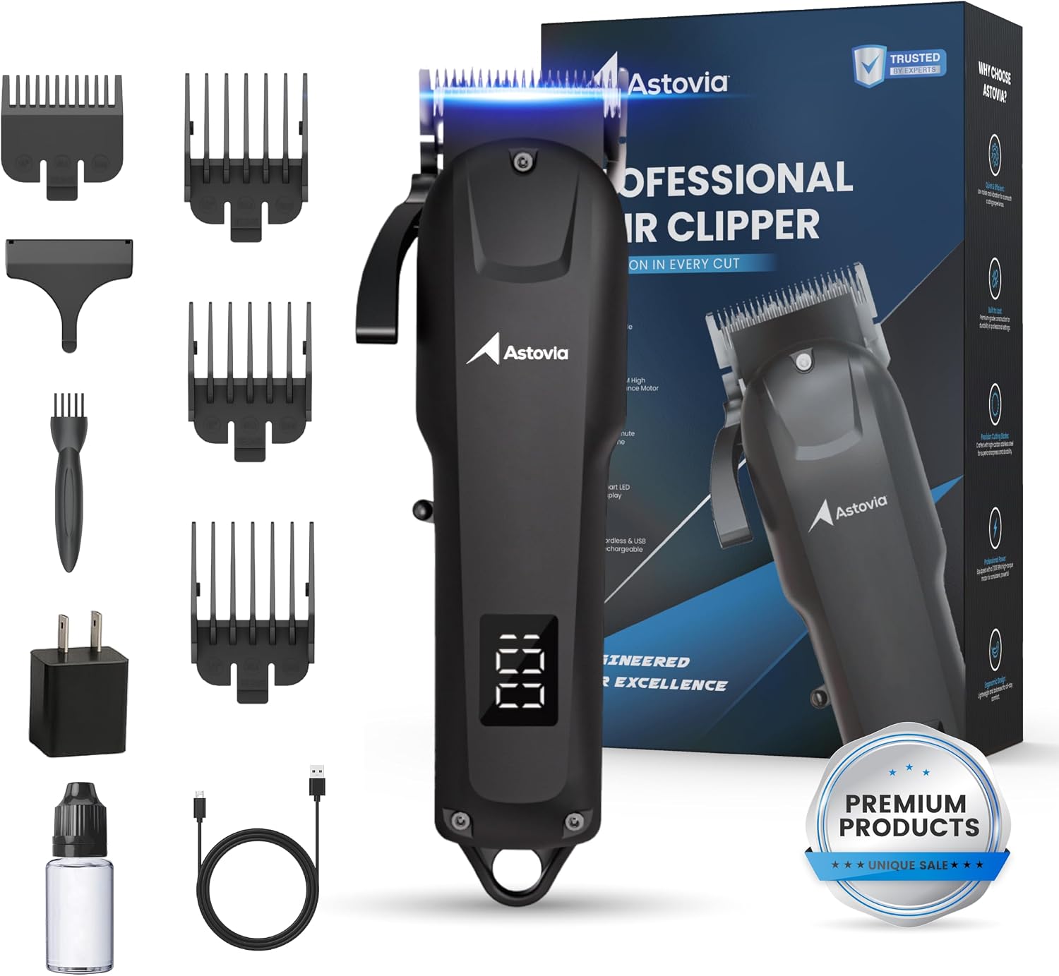 Professional Hair Clippers for Men – Zero-Gap Adjustable Blade, Long-Lasting 300-Min Battery, Quiet + Powerful Motor, LED Display – Cordless Barber Clipper for Fades & Lineups