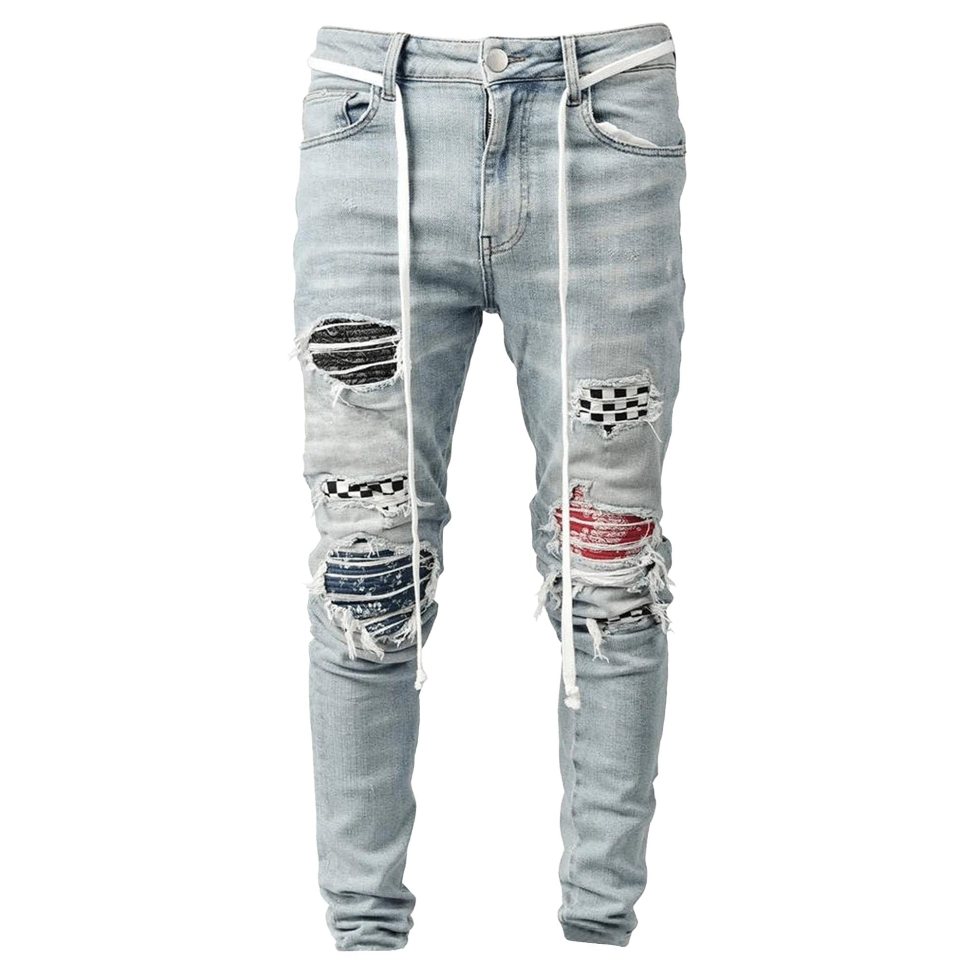 Mens Ripped Patch Elastic Jeans Slim Fit Distressed Plaid Jeans Ripped Holes Skinny Denim Pants
