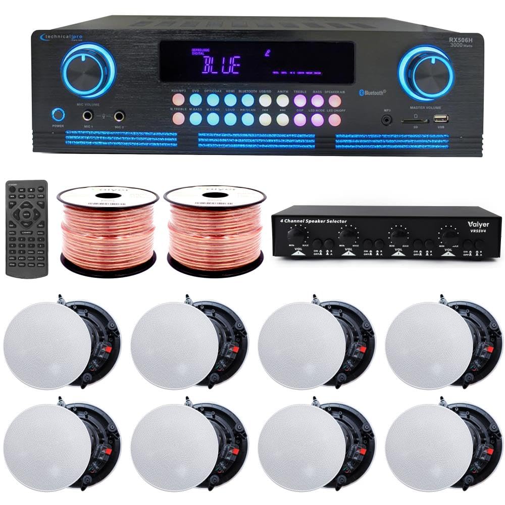 Home Theater System Kit- 2000 W Bluetooth Amplifier w/ 8 Qty of 6.5" Frameless Ceiling Speakers 200 W Each, 4-Ch Speaker Selector w/Volume Control, 500 ft Speaker Wire &amp; Remote - Vaiyer