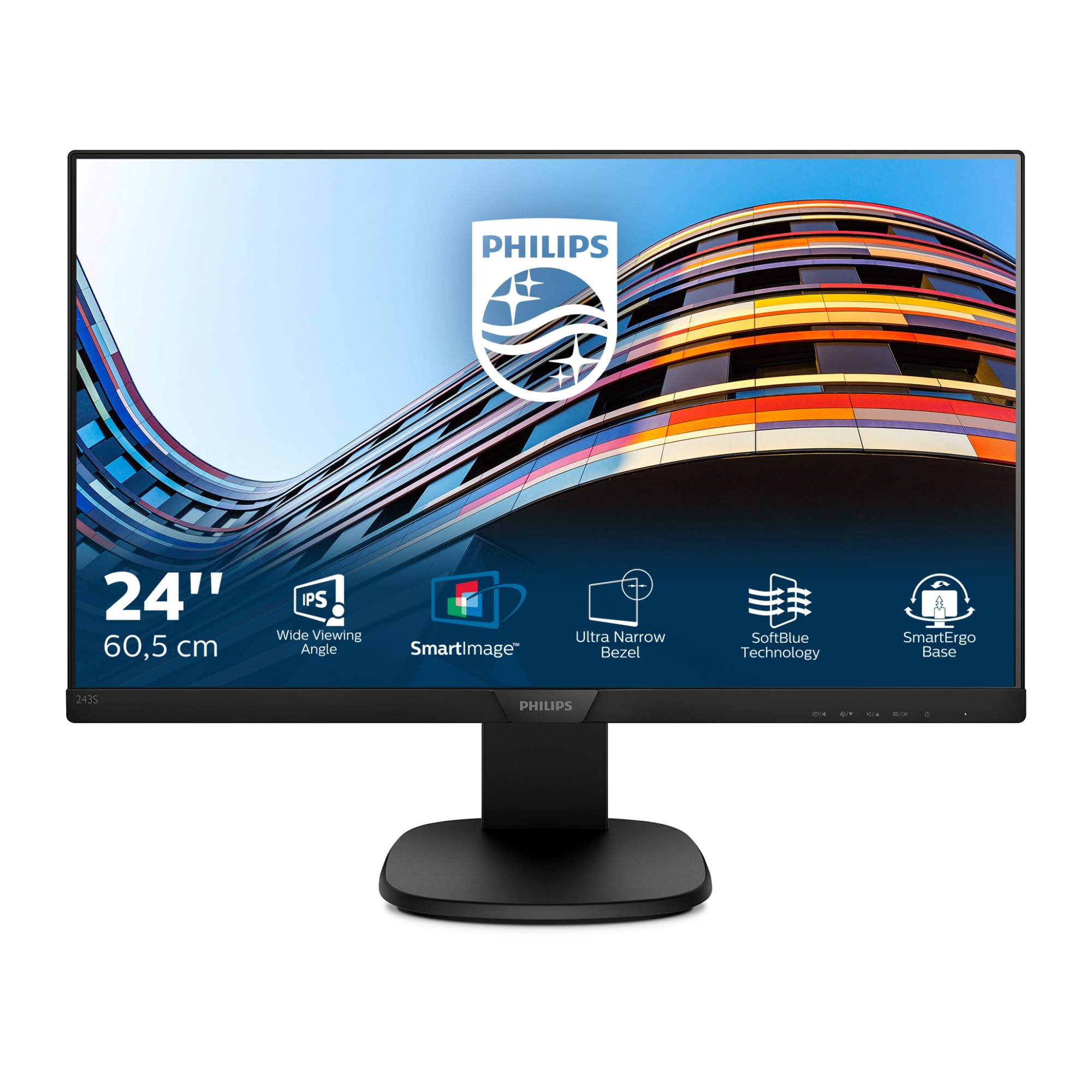 Philips 243S7EHMB Monitor 24" LED IPS, Full HD, 3 Side Frameless, Regolabile in Altezza, Girevole, Pivot, Inclinabile, Casse Audio Integrate, Softblue Protezione Occhi, HDMI, VGA, Vesa, Nero
