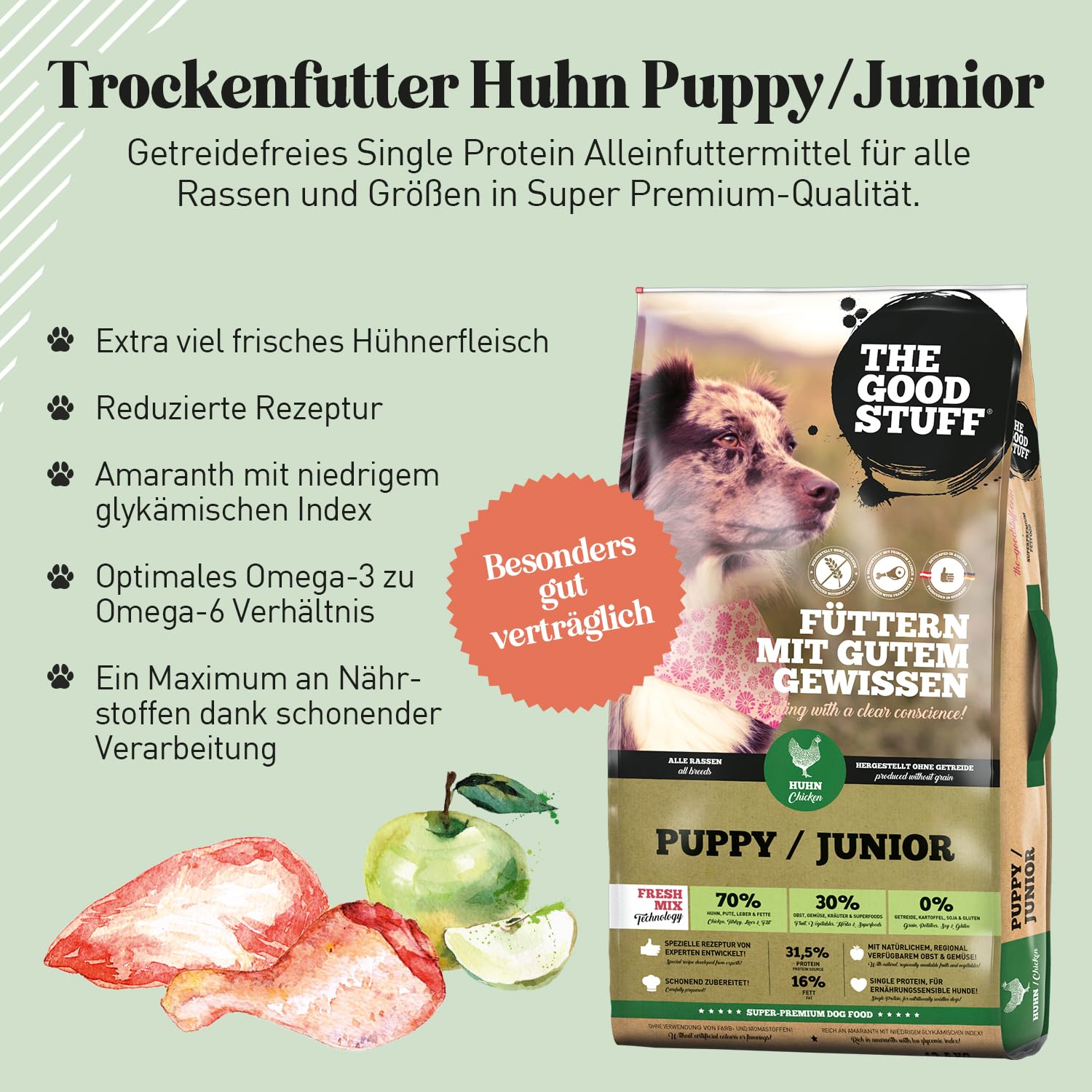 The GOODSTUFF Huhn (Puppy/Junior) 12,5 kg | Getreidefreies Hunde Trockenfutter Junior | Mit frischem Hühnerfleisch | Hundetrockenfutter für Welpen & Junghunde | Super-Premium Welpen Trockenfutter